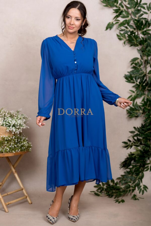 Rochie midi Kimberly din voal albastru cu mâneci lungi și volan