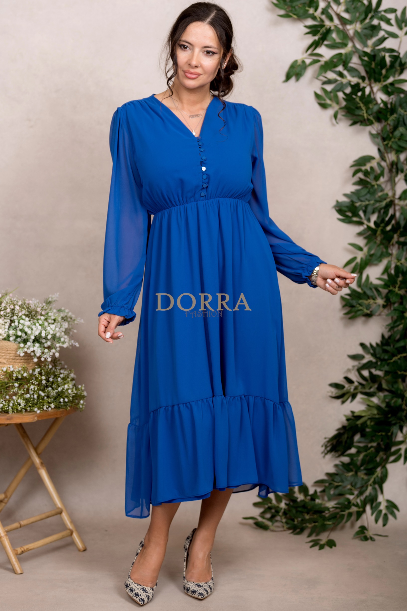 Rochie midi Kimberly din voal albastru cu mâneci lungi și volan