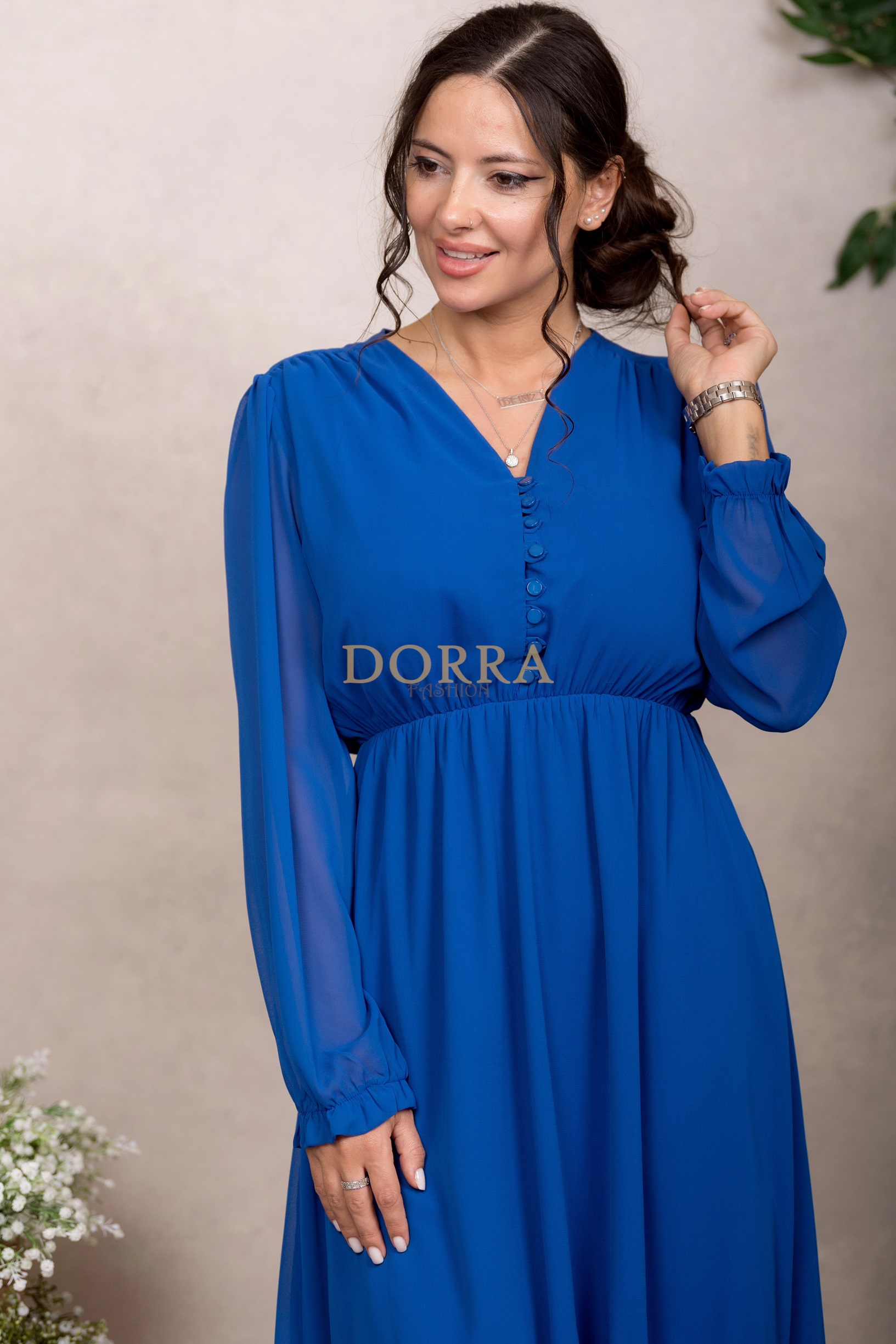 Rochie midi Kimberly din voal albastru cu mâneci lungi și volan - imagine 4