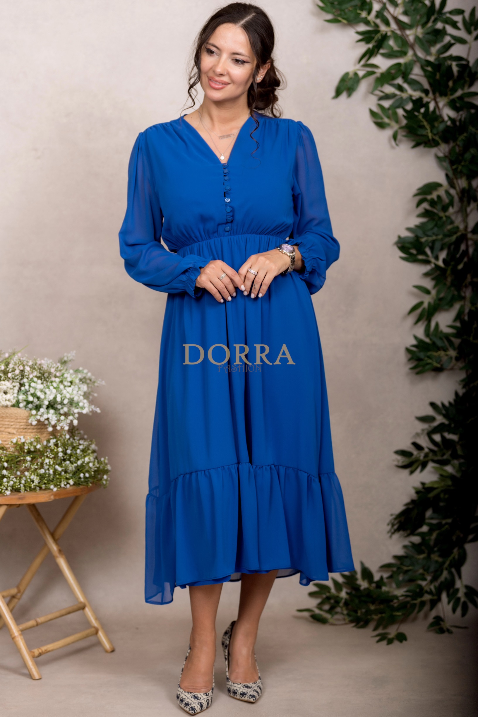 Rochie midi Kimberly din voal albastru cu mâneci lungi și volan - imagine 6