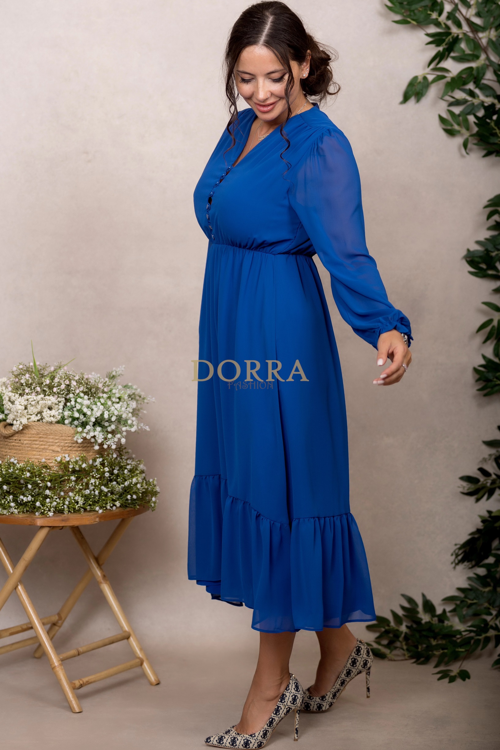 Rochie midi Kimberly din voal albastru cu mâneci lungi și volan - imagine 3
