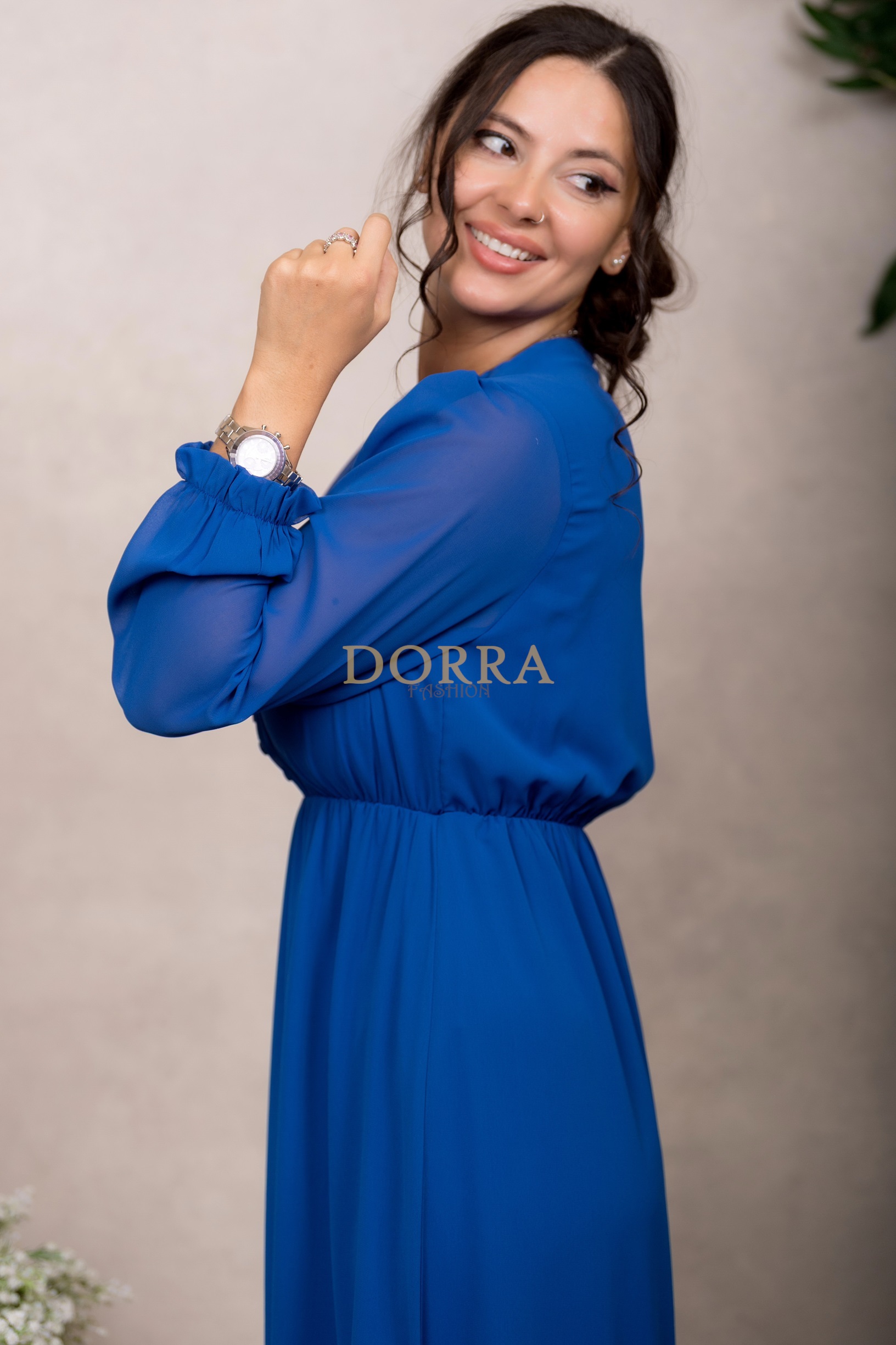 Rochie midi Kimberly din voal albastru cu mâneci lungi și volan - imagine 5