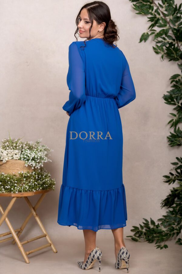 Rochie midi Kimberly din voal albastru cu mâneci lungi și volan - imagine 2