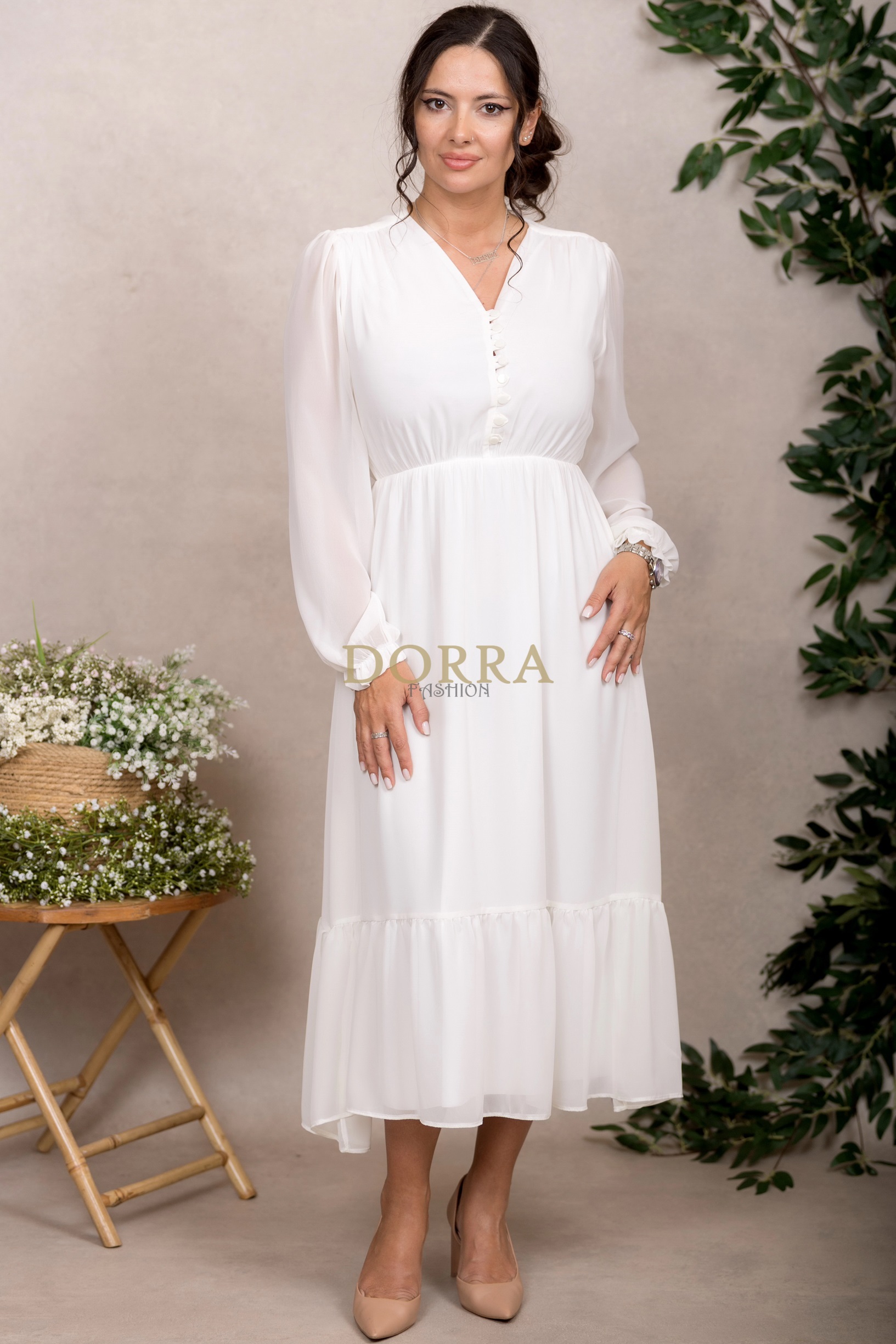 Rochie midi Kimberly din voal ivoire cu mâneci lungi și volan - imagine 5