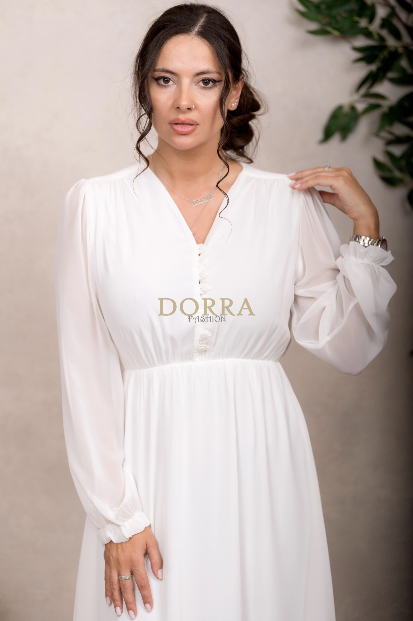 Rochie midi Kimberly din voal ivoire cu mâneci lungi și volan - imagine 4
