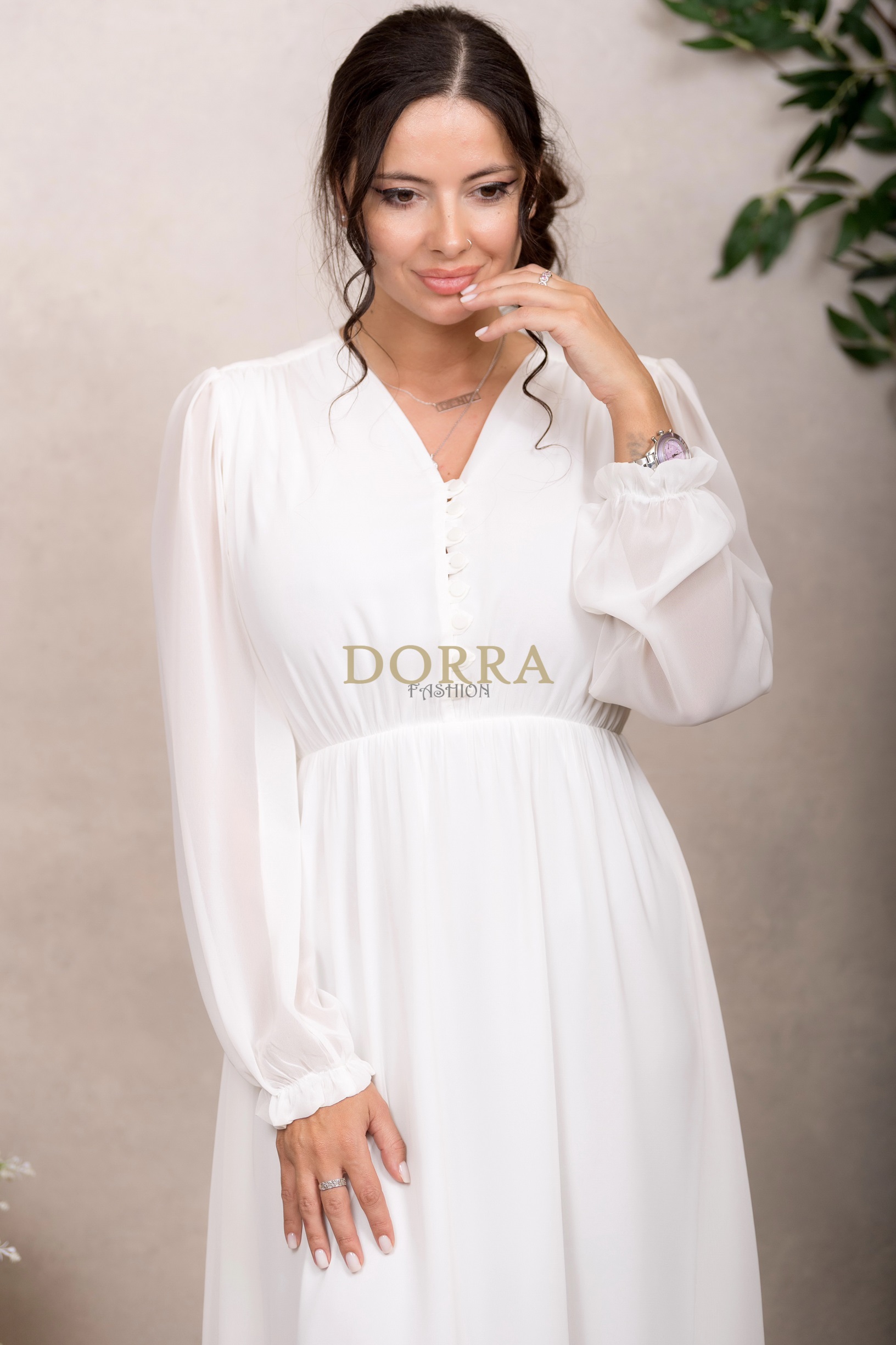 Rochie midi Kimberly din voal ivoire cu mâneci lungi și volan - imagine 8