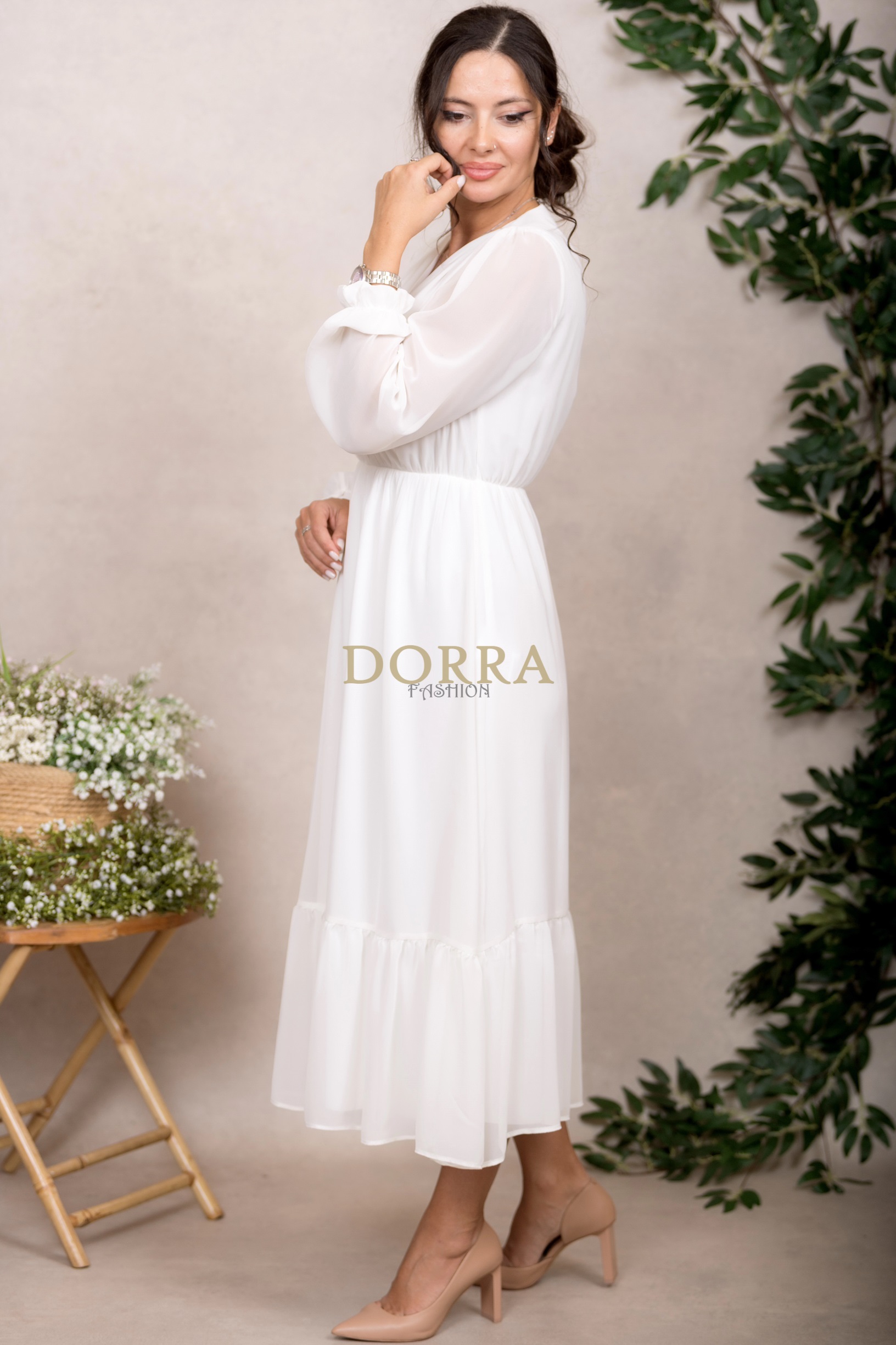 Rochie midi Kimberly din voal ivoire cu mâneci lungi și volan - imagine 3