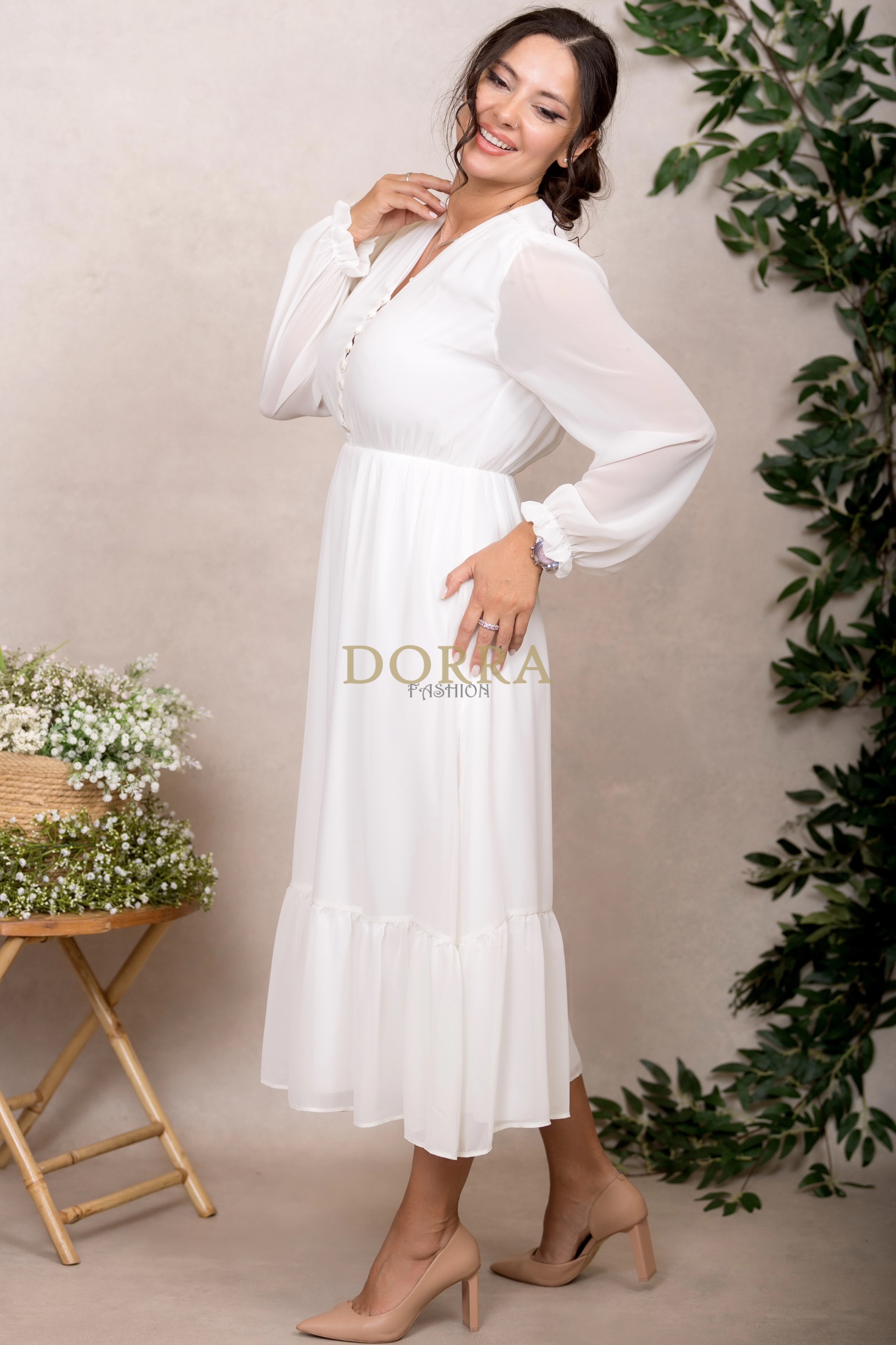 Rochie midi Kimberly din voal ivoire cu mâneci lungi și volan - imagine 7