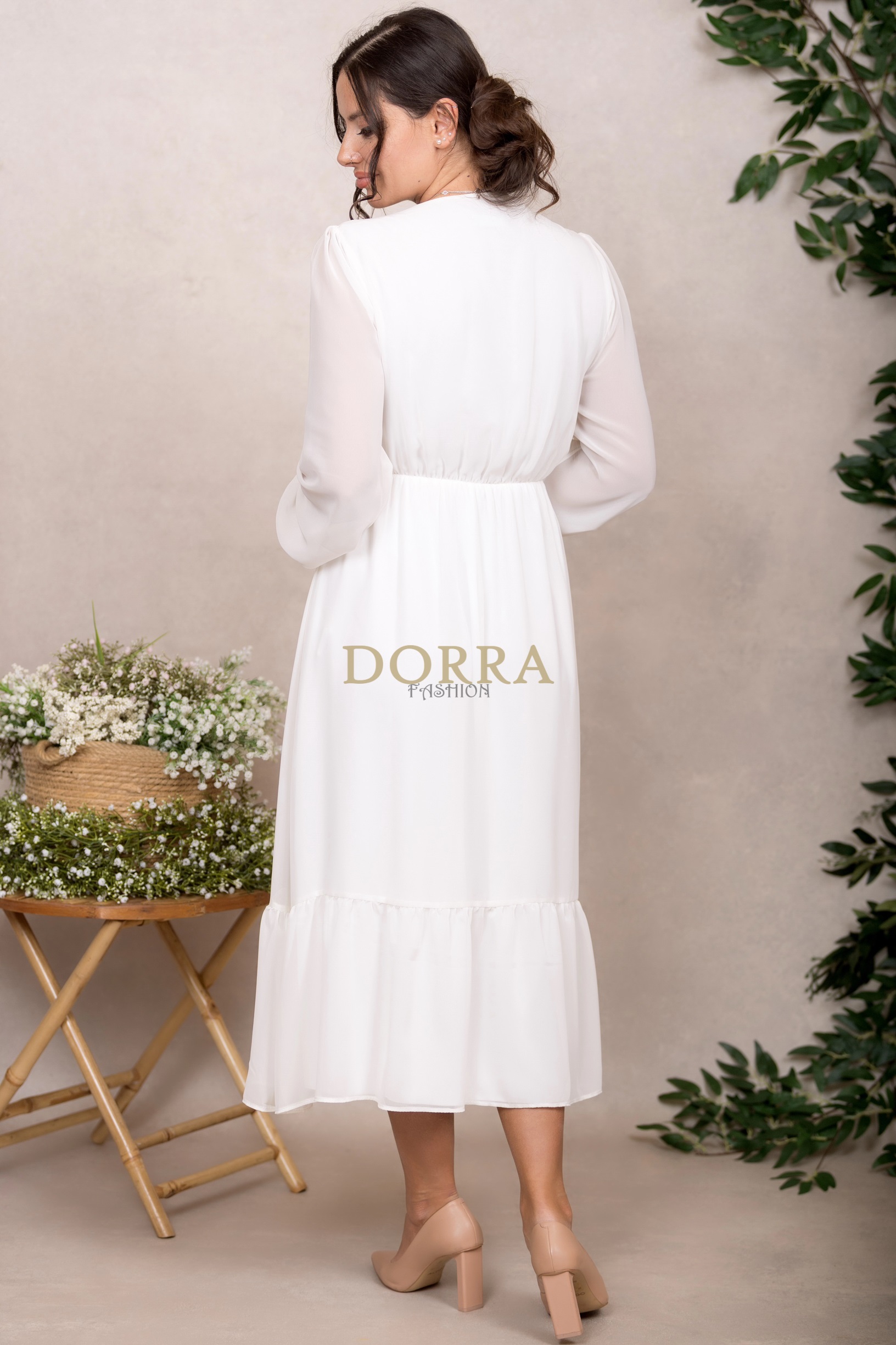 Rochie midi Kimberly din voal ivoire cu mâneci lungi și volan - imagine 2