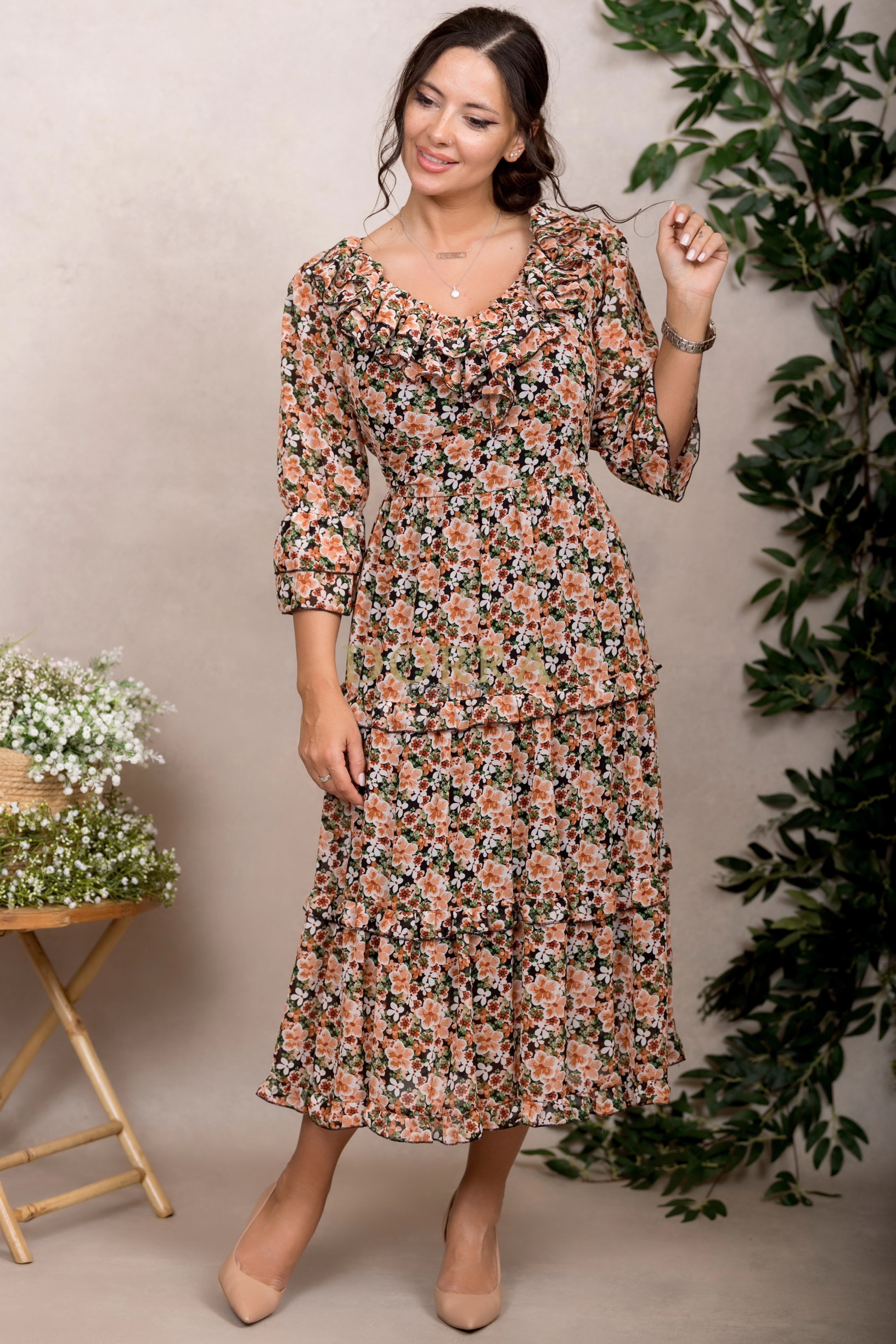 Rochie Raluca din voal cu imprimeu floral portocaliu - imagine 7