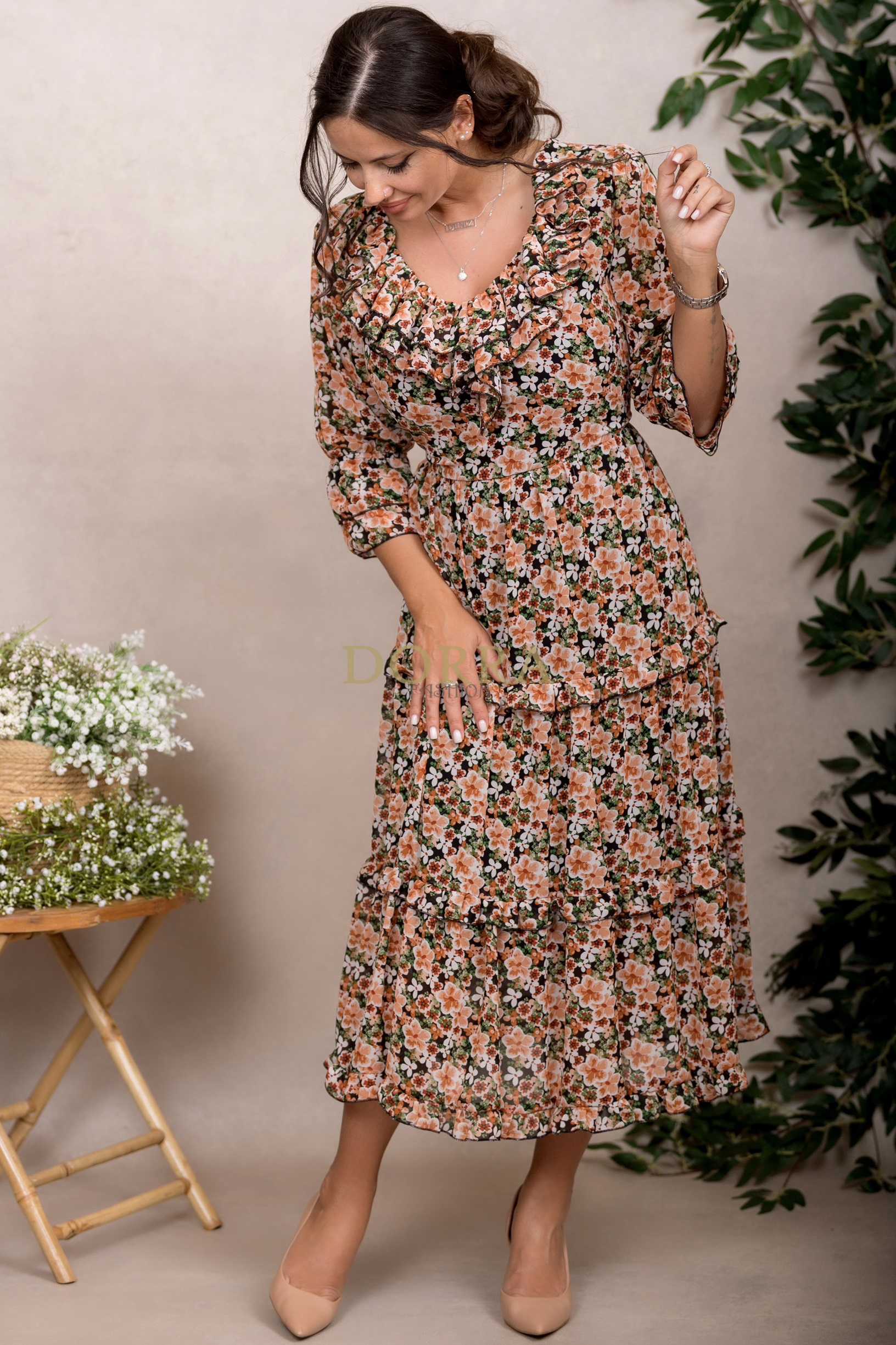 Rochie Raluca din voal cu imprimeu floral portocaliu - imagine 8