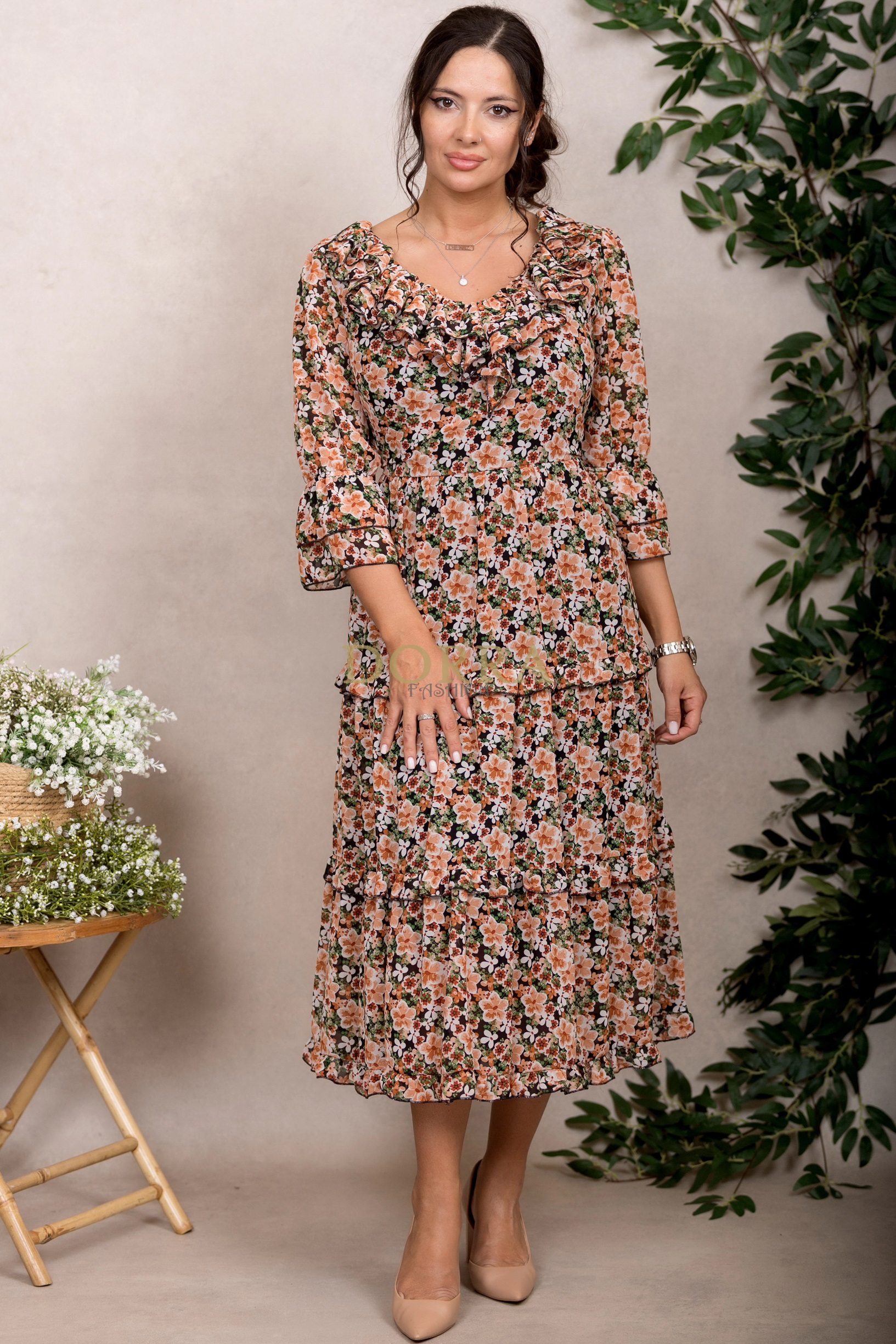 Rochie Raluca din voal cu imprimeu floral portocaliu