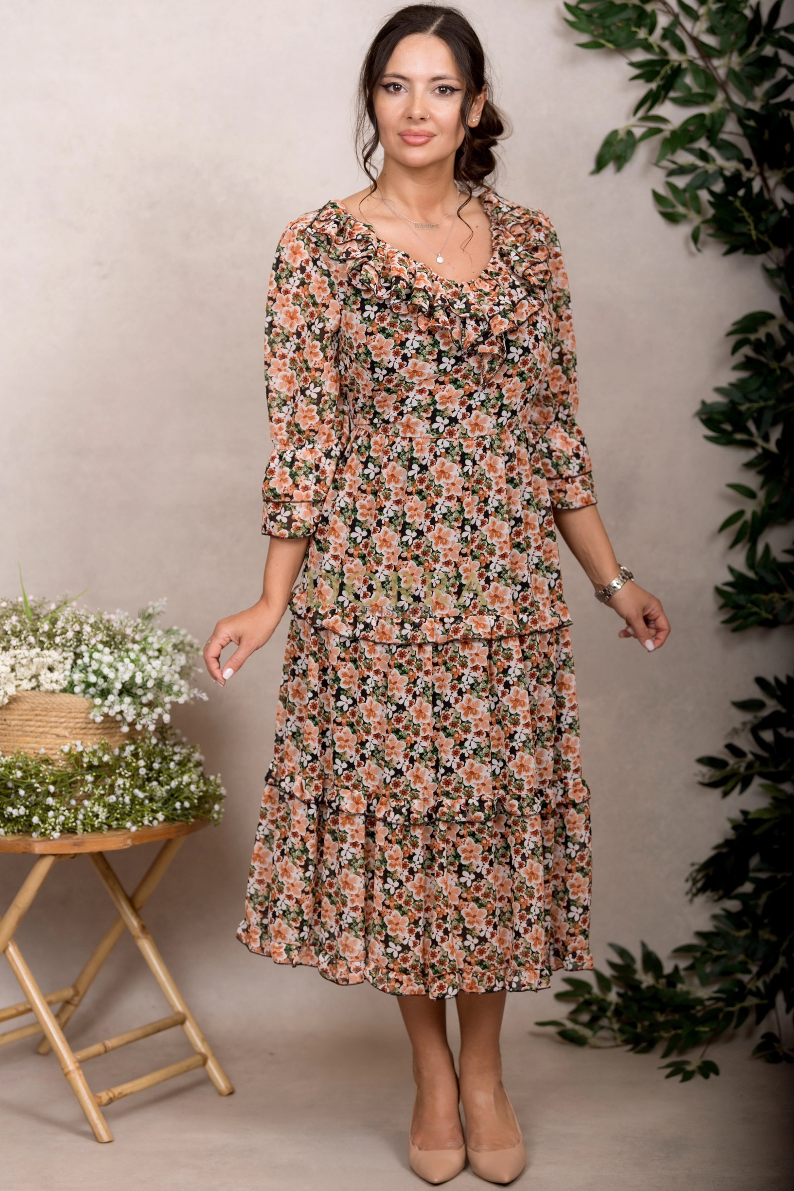 Rochie Raluca din voal cu imprimeu floral portocaliu - imagine 6