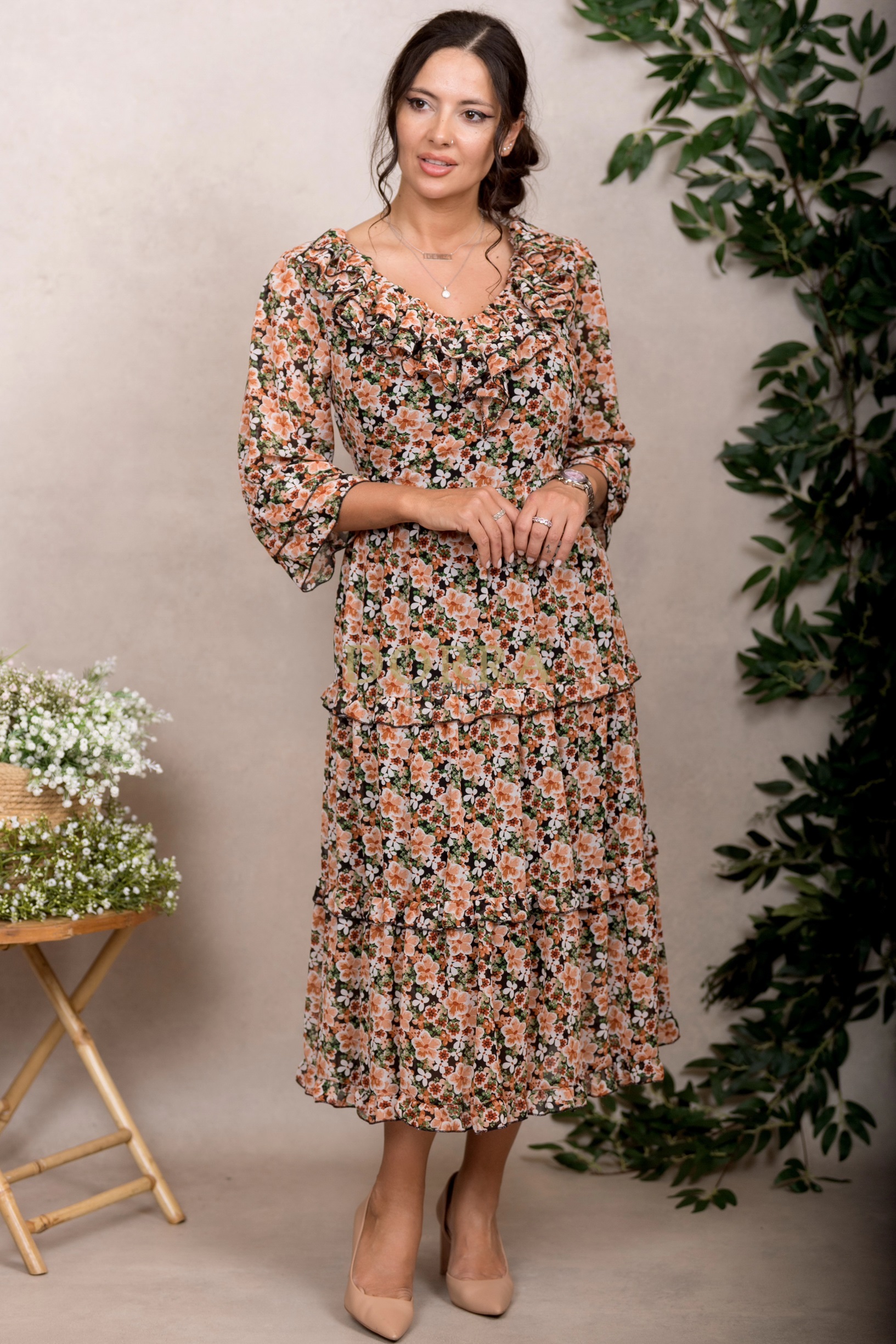 Rochie Raluca din voal cu imprimeu floral portocaliu - imagine 5
