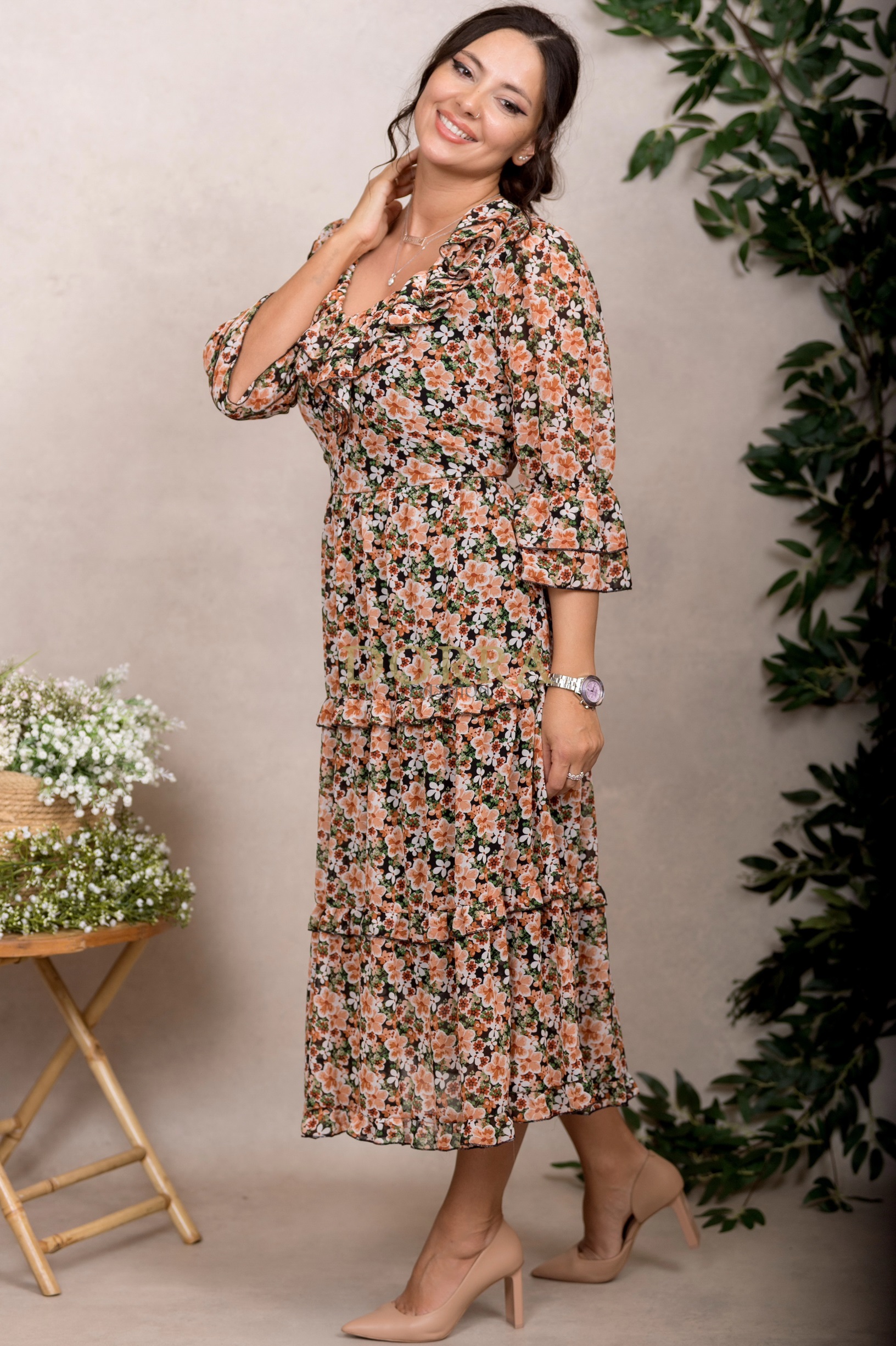 Rochie Raluca din voal cu imprimeu floral portocaliu - imagine 3
