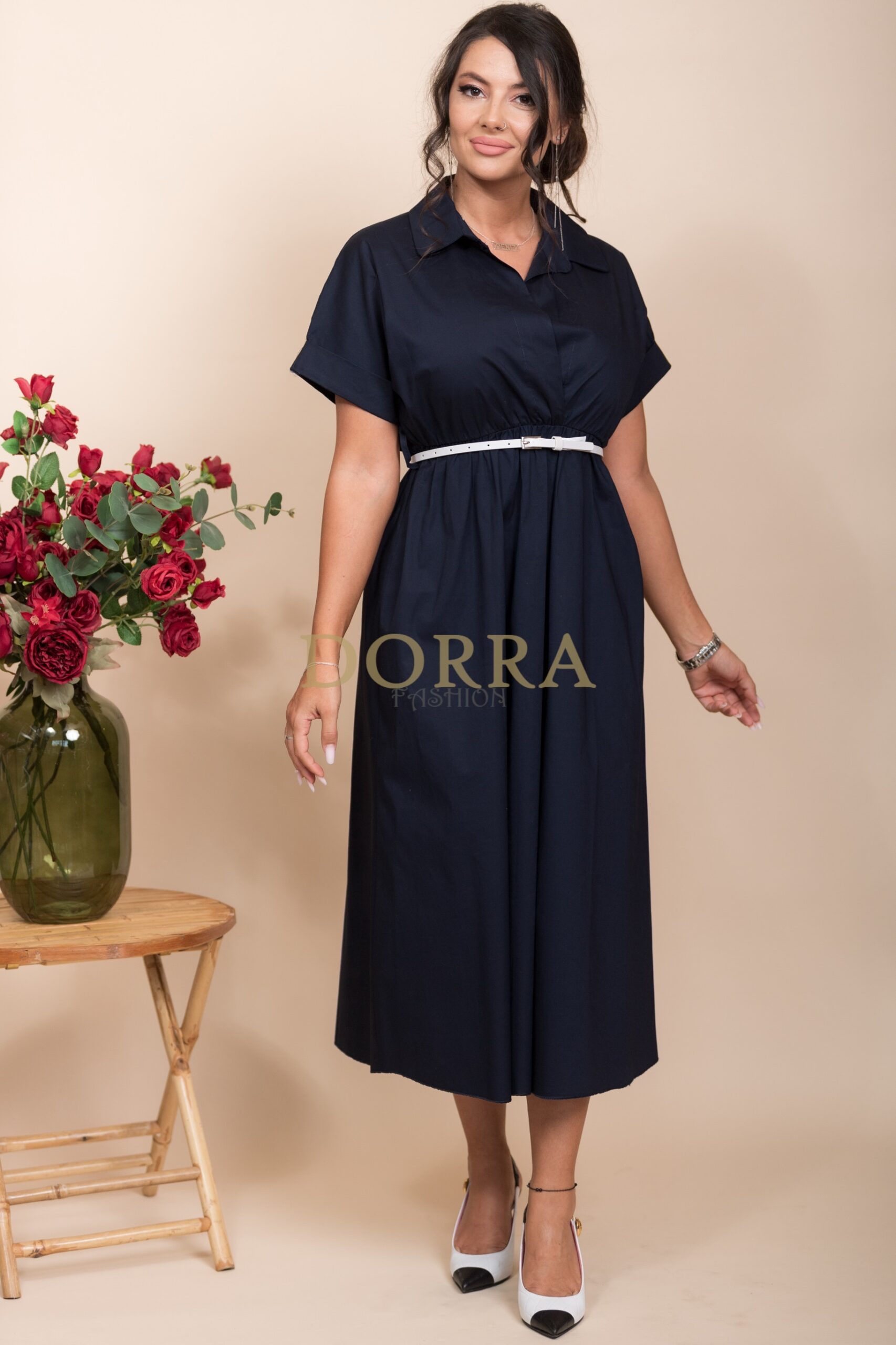Rochie midi Detroit din bumbac bleumarin cu guler și curea