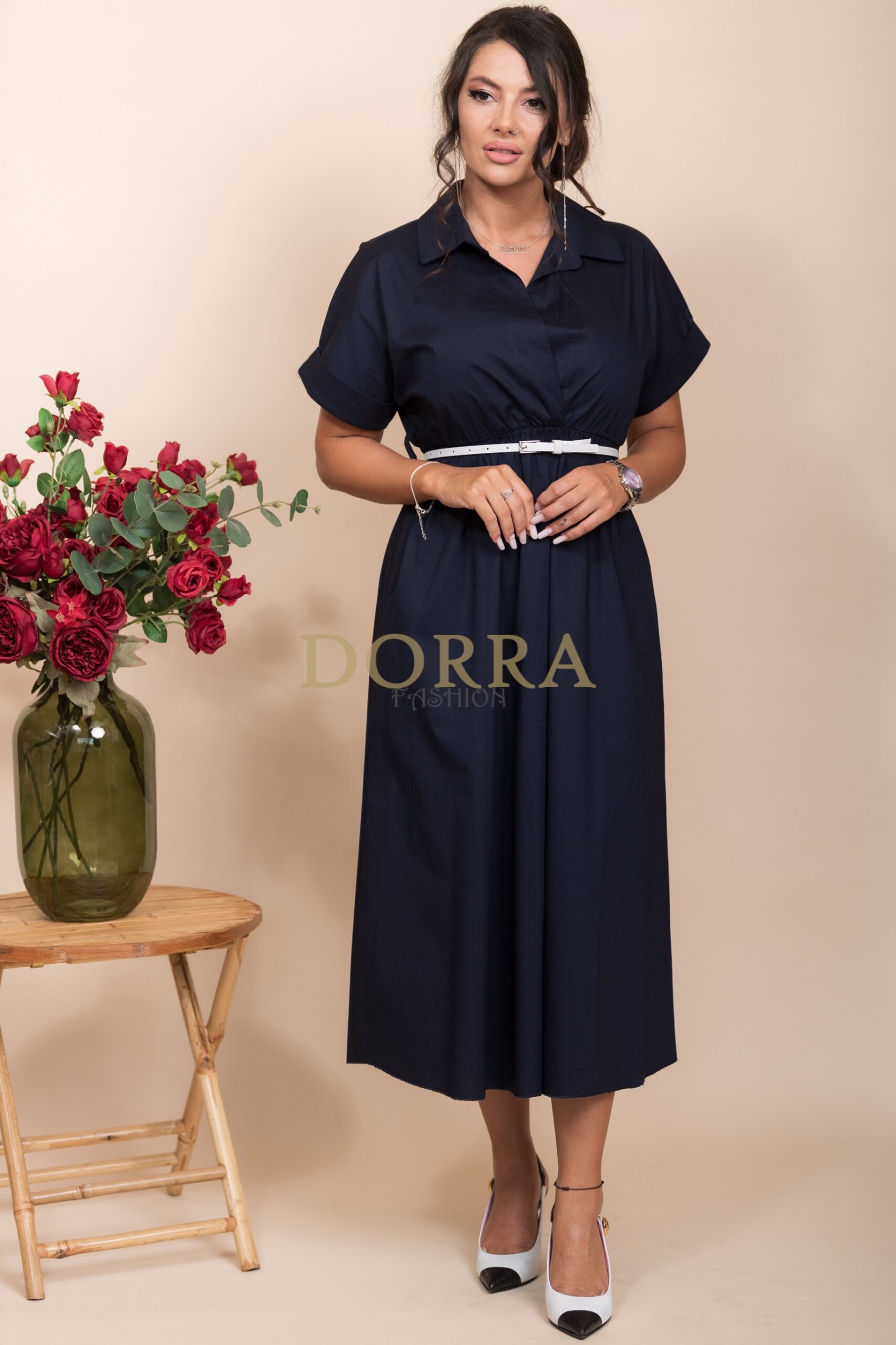 Rochie midi Detroit din bumbac bleumarin cu guler și curea - imagine 7