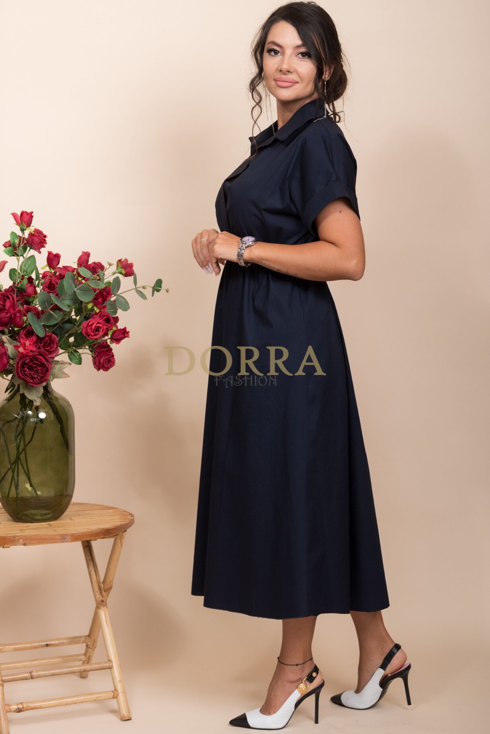 Rochie midi Detroit din bumbac bleumarin cu guler și curea - imagine 5