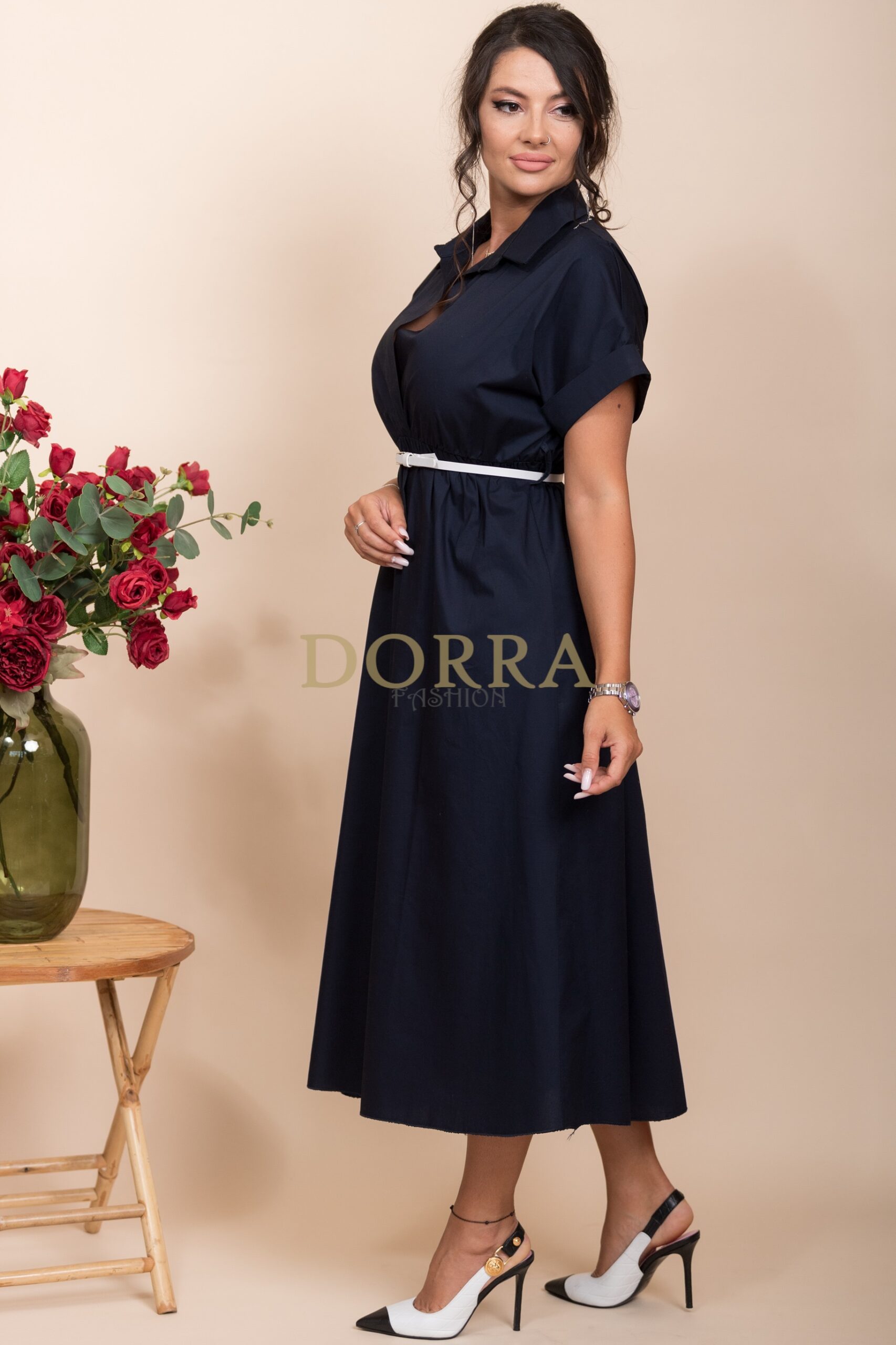 Rochie midi Detroit din bumbac bleumarin cu guler și curea - imagine 3