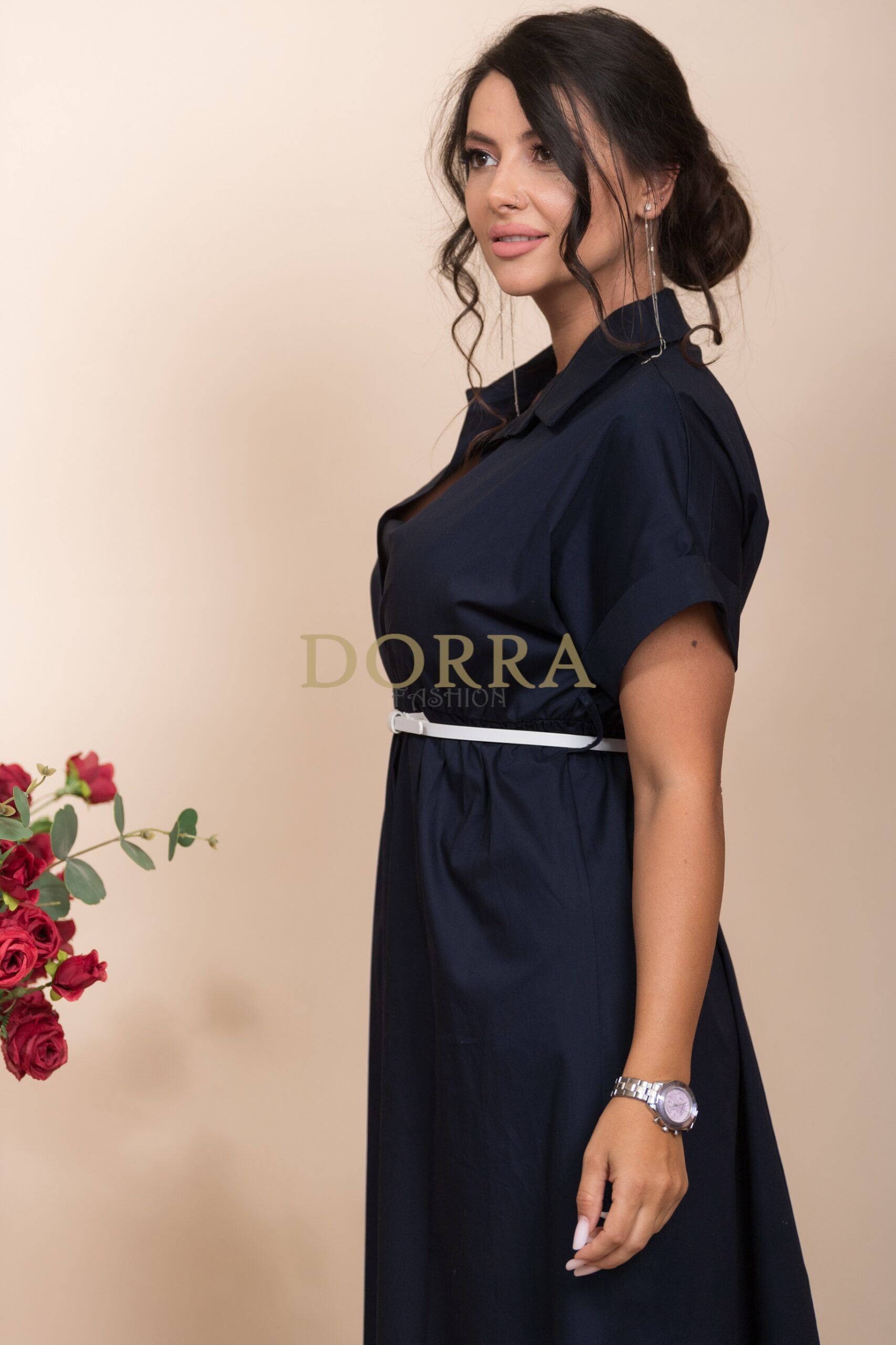 Rochie midi Detroit din bumbac bleumarin cu guler și curea - imagine 4