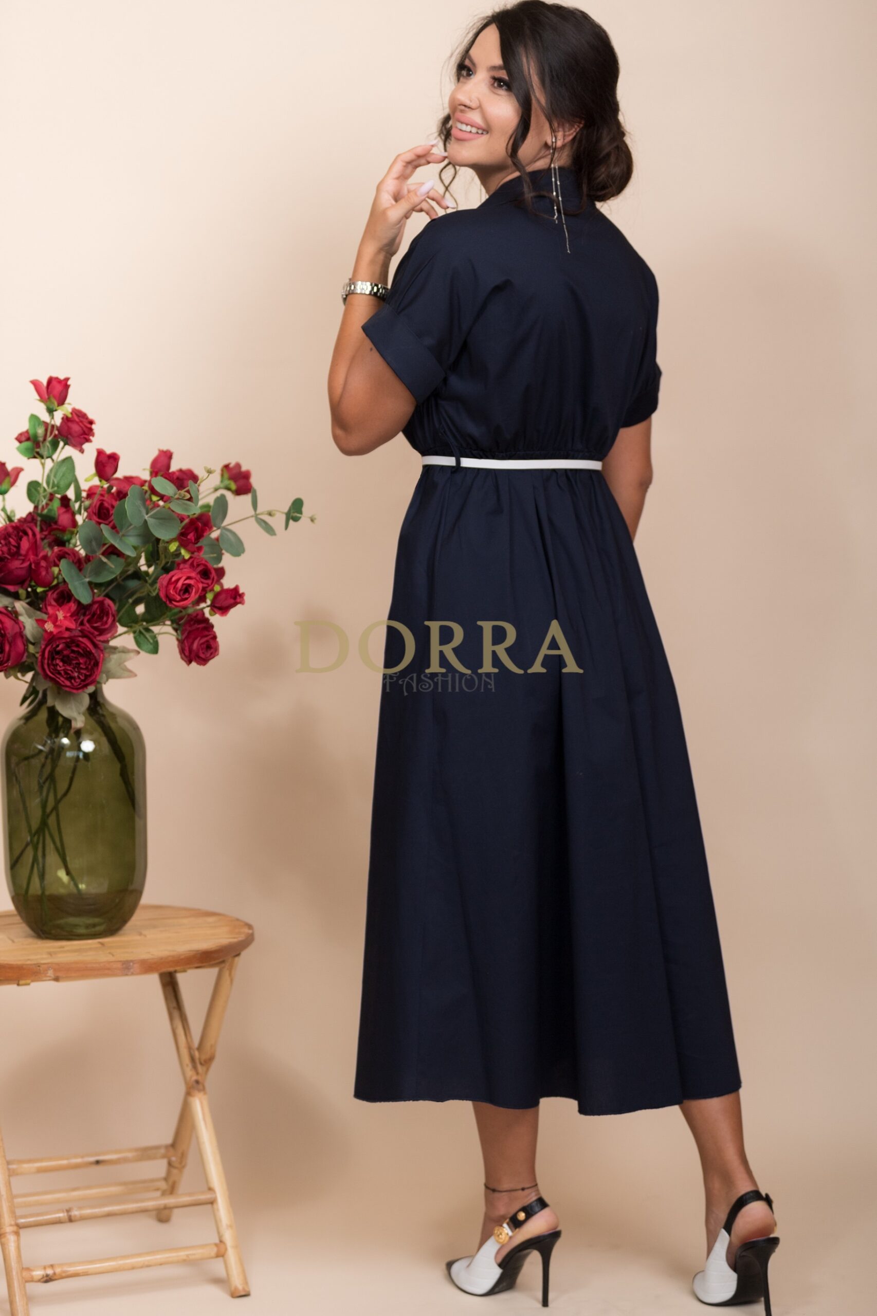 Rochie midi Detroit din bumbac bleumarin cu guler și curea - imagine 2