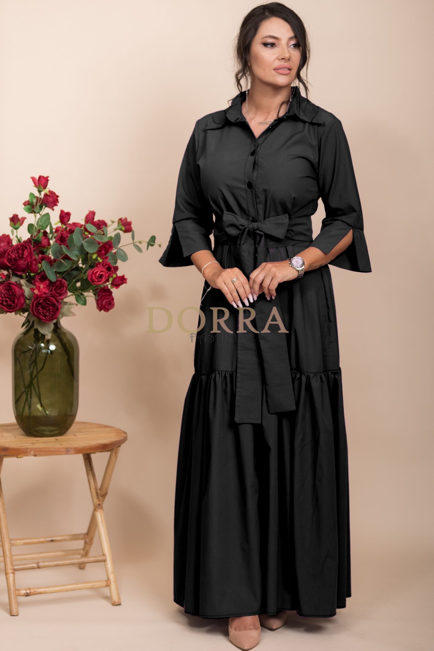 Rochie lungă Sydney din bumbac negru cu nasturi și cordon