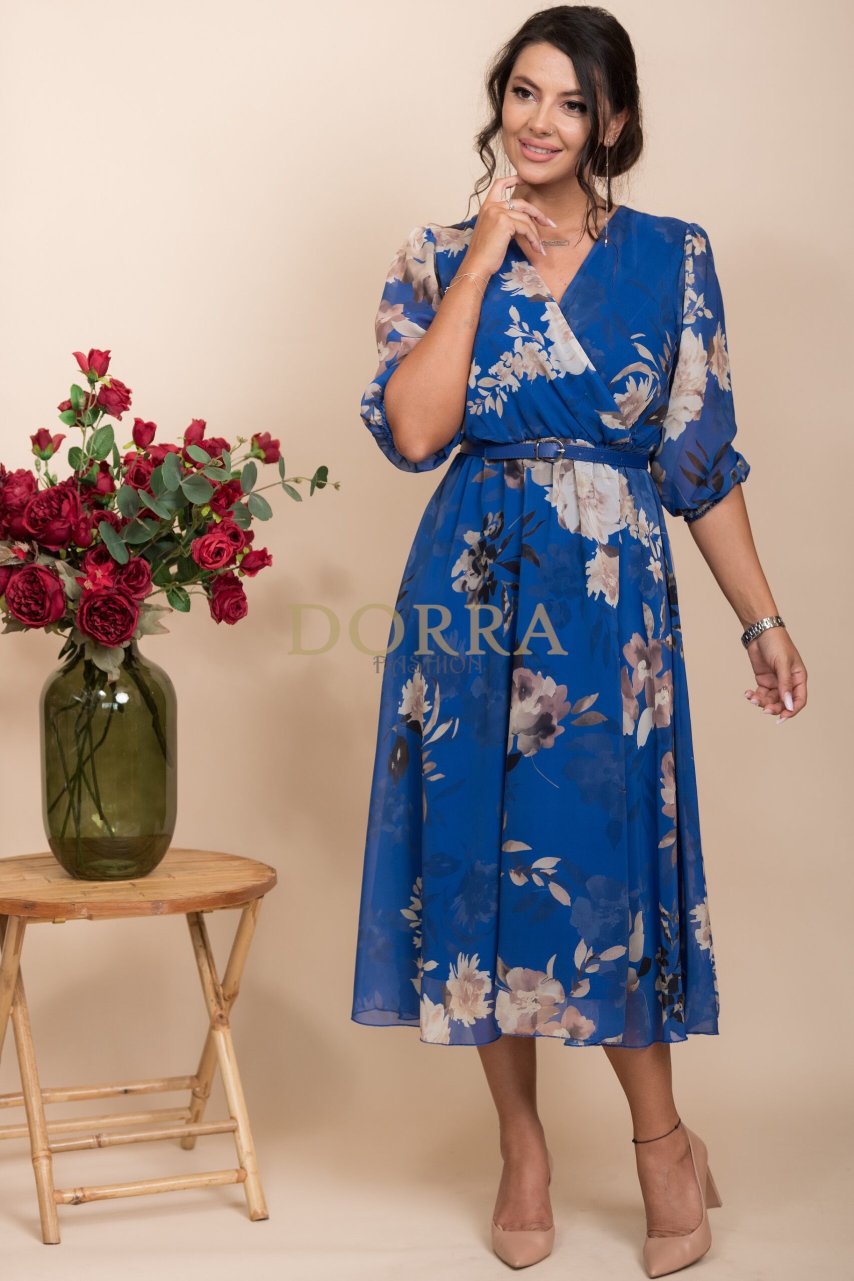 Rochie midi Olimpia din voal albastru închis cu imprimeu floral - imagine 5