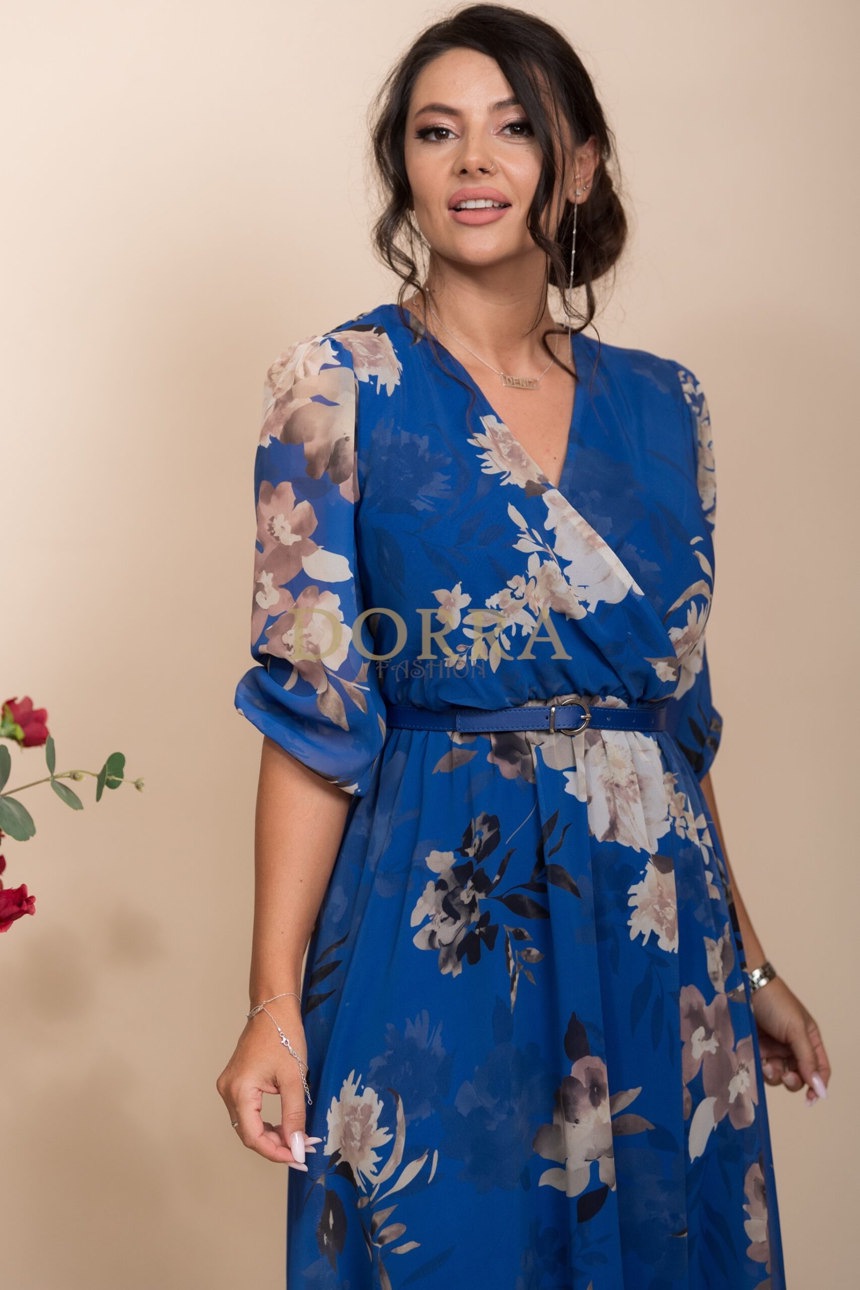 Rochie midi Olimpia din voal albastru închis cu imprimeu floral - imagine 4