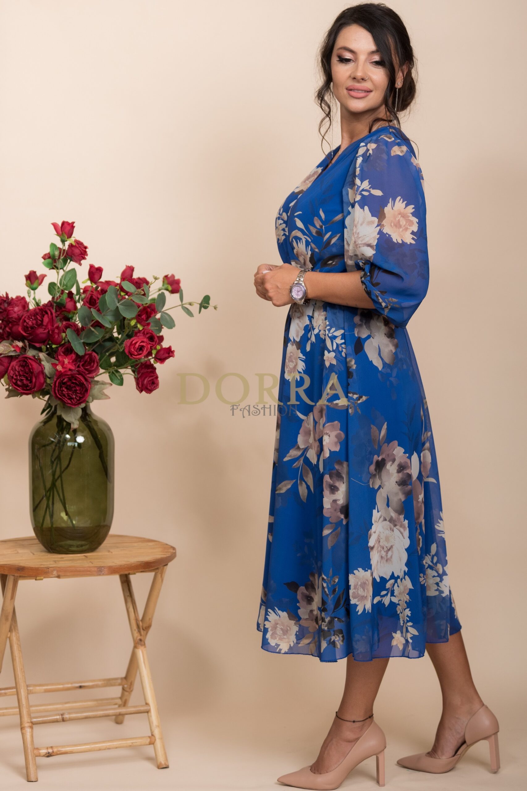 Rochie midi Olimpia din voal albastru închis cu imprimeu floral - imagine 3