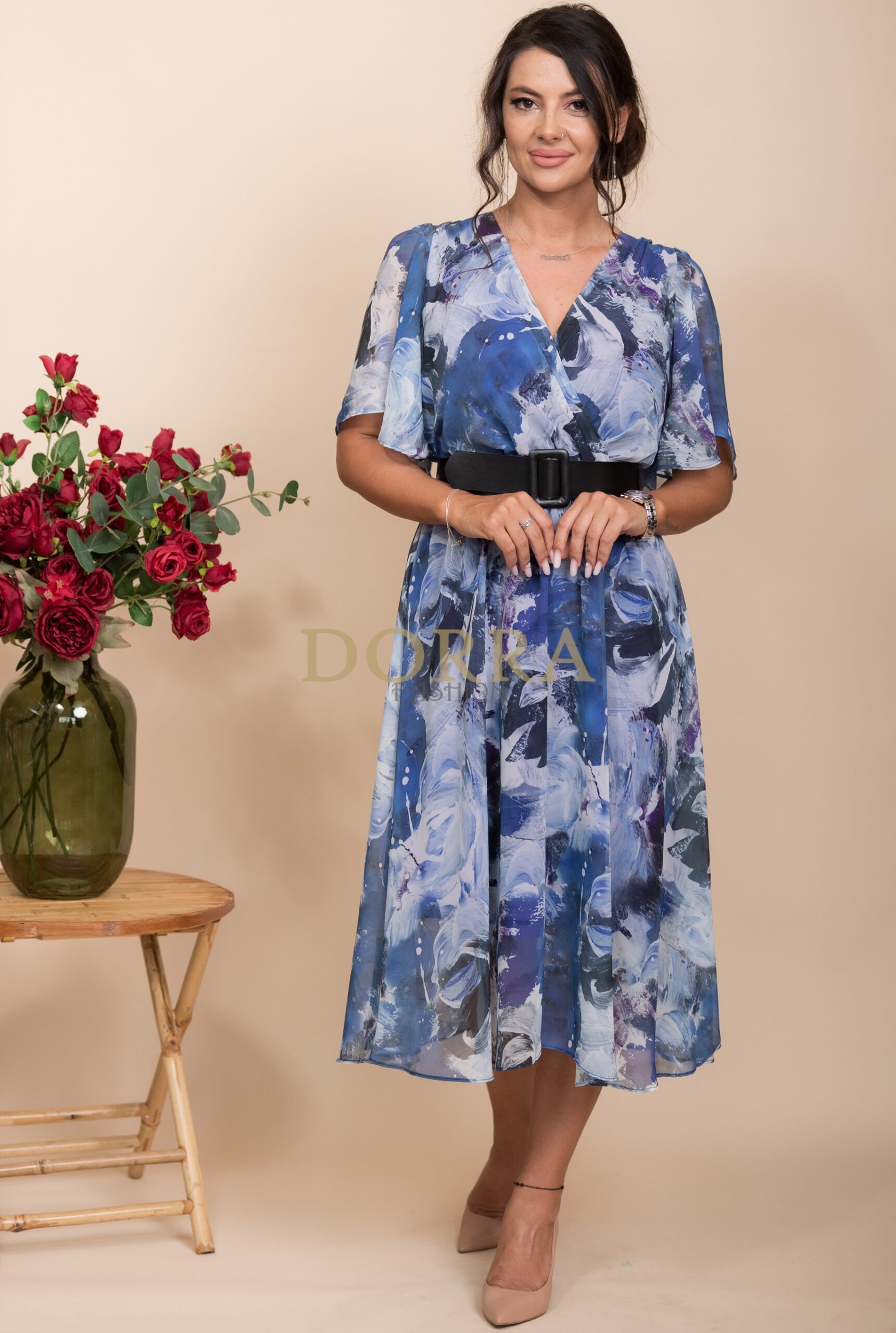 Rochie midi Alondra din voal albastru-indigo imprimat
