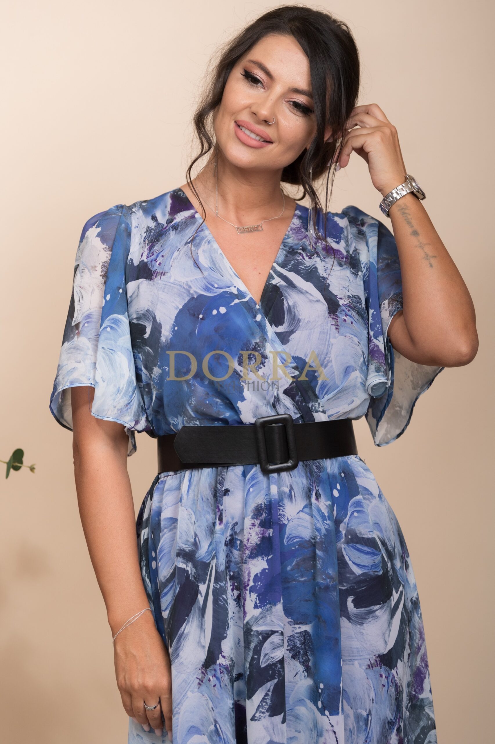 Rochie midi Alondra din voal albastru-indigo imprimat - imagine 4