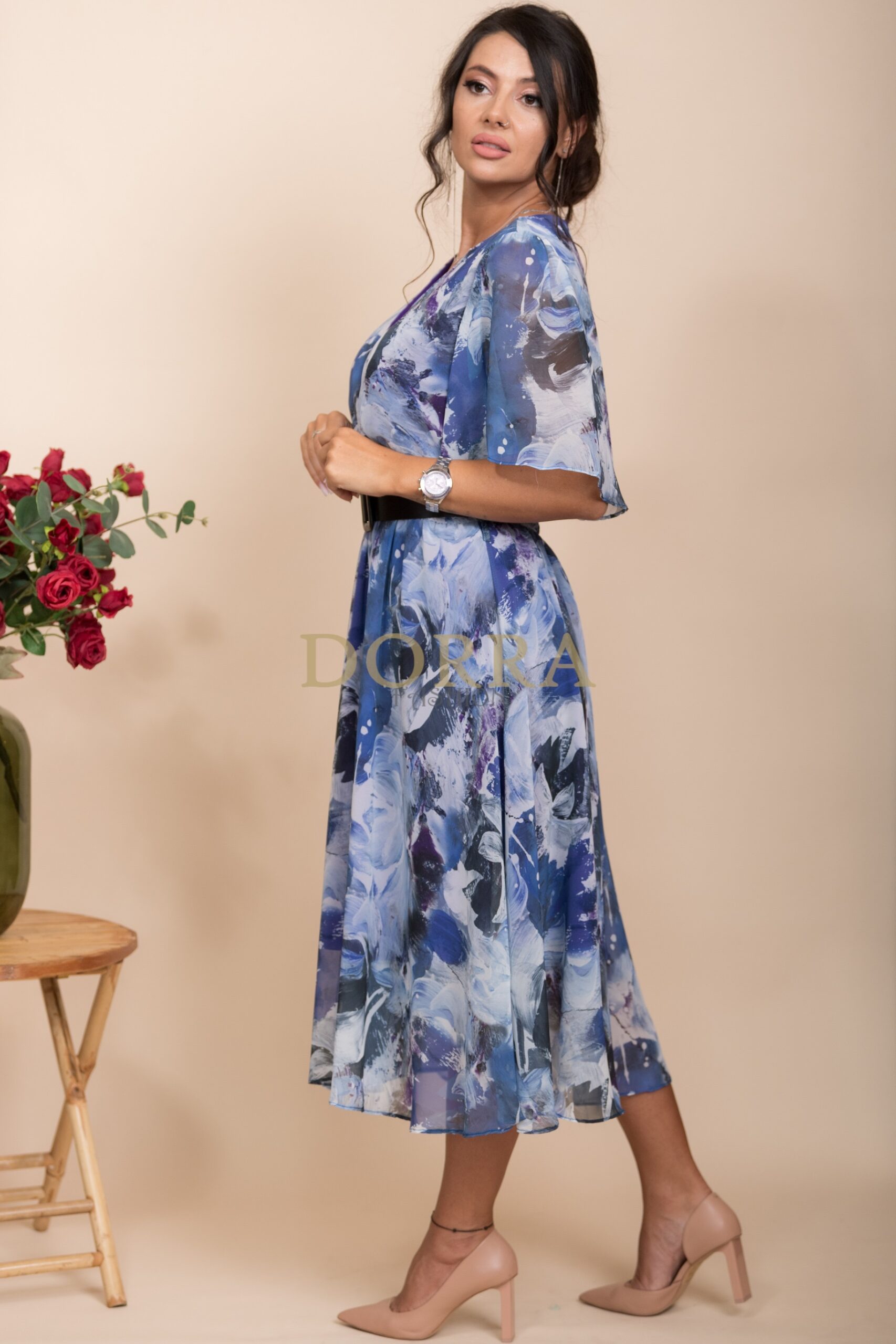 Rochie midi Alondra din voal albastru-indigo imprimat - imagine 3