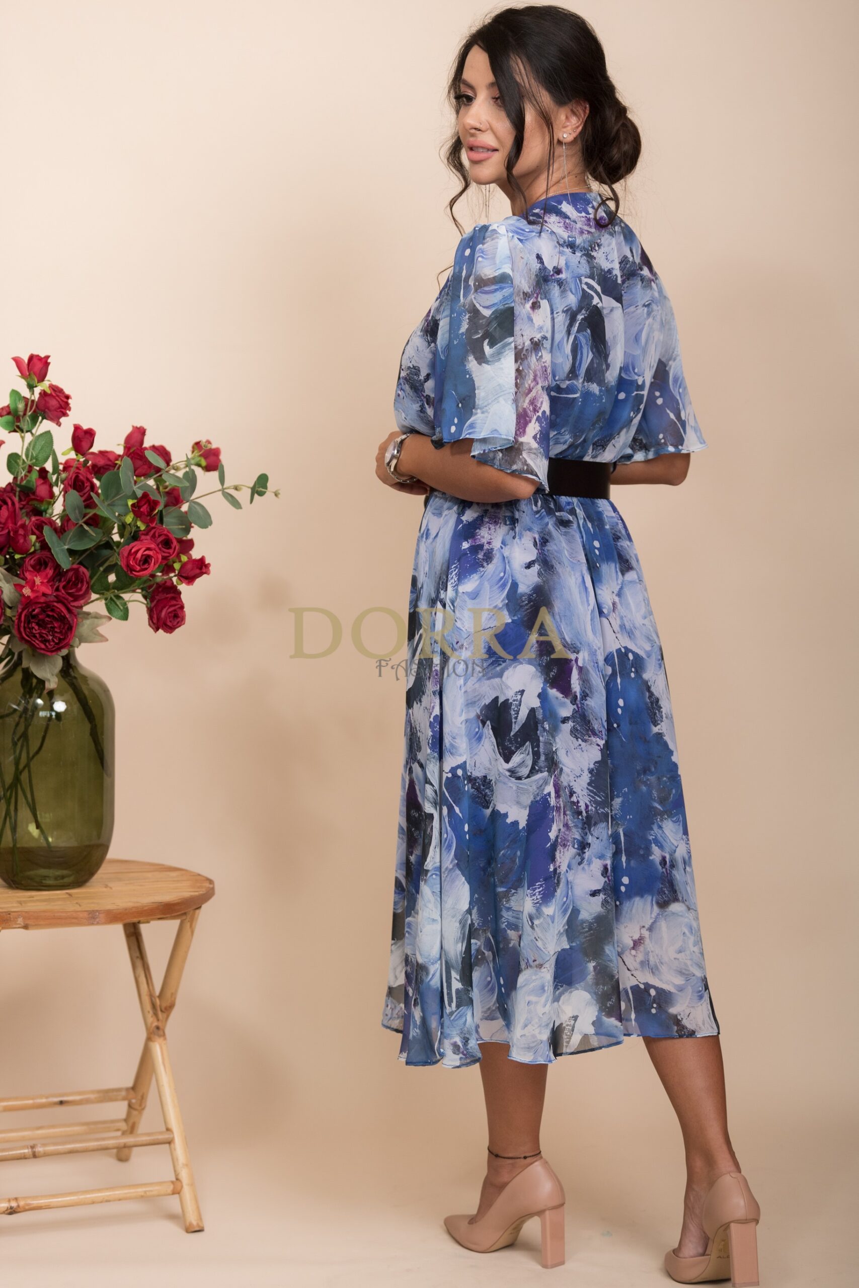 Rochie midi Alondra din voal albastru-indigo imprimat - imagine 2