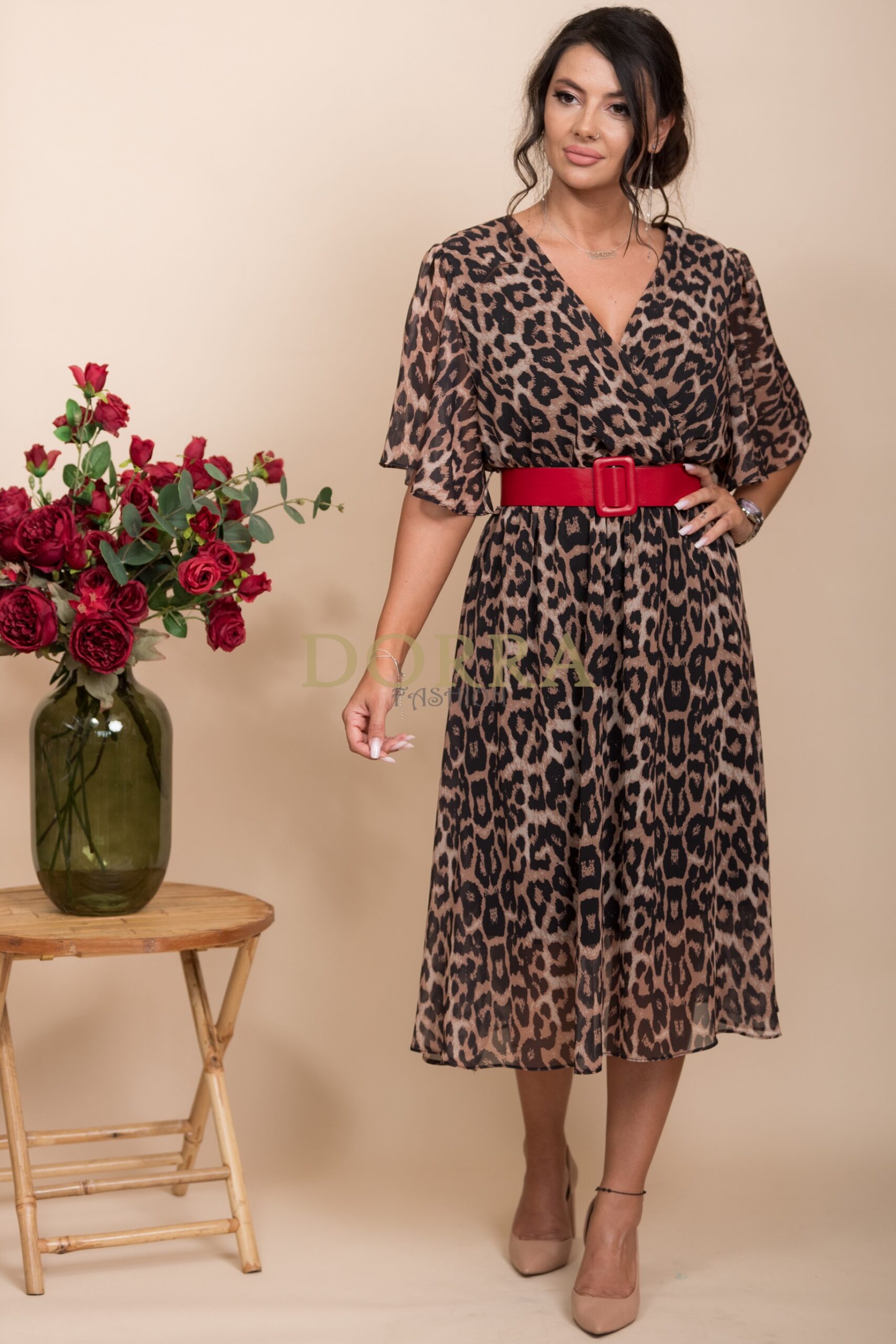 Rochie midi Alondra din voal animal print maro