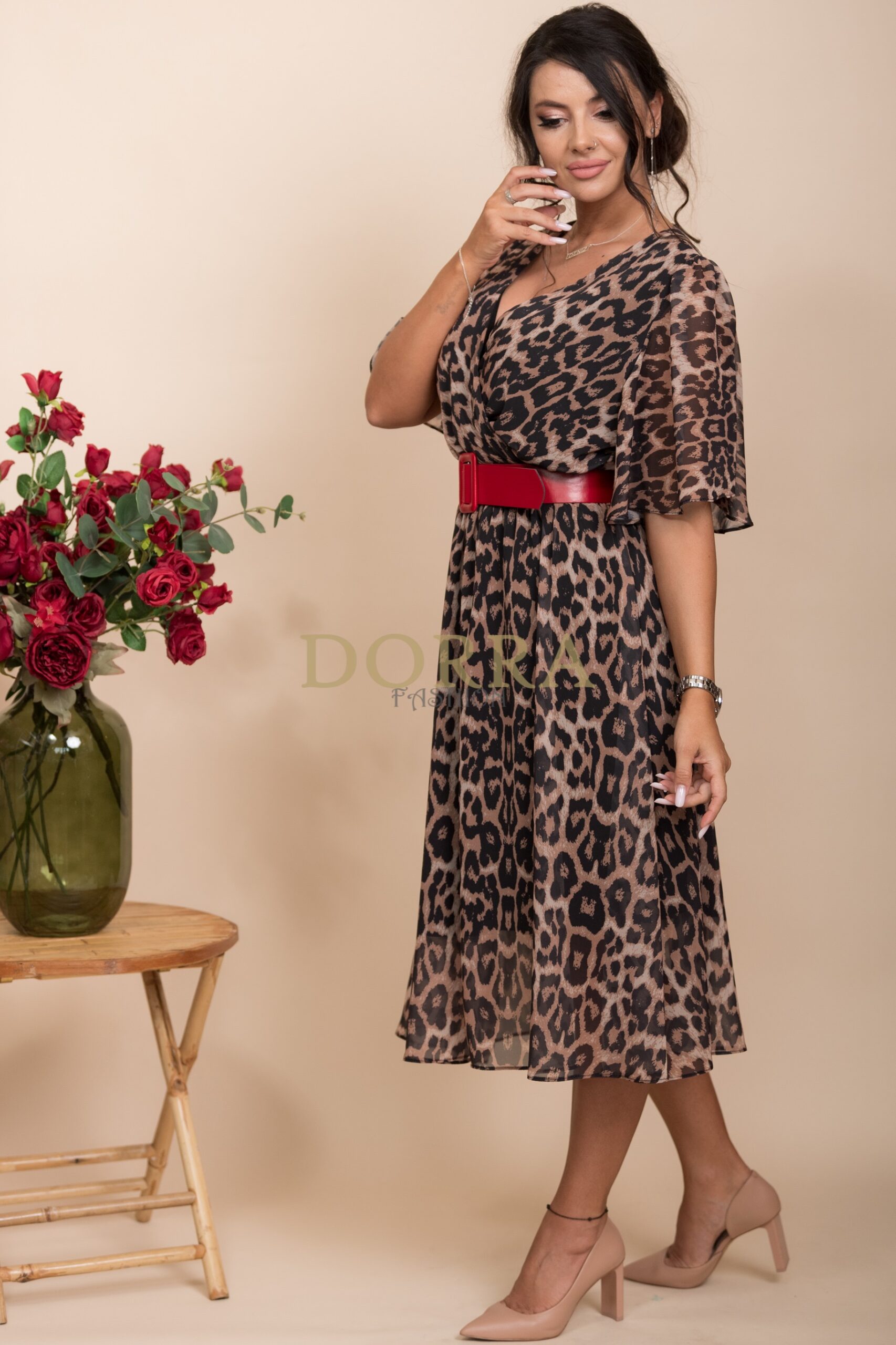 Rochie midi Alondra din voal animal print maro - imagine 3