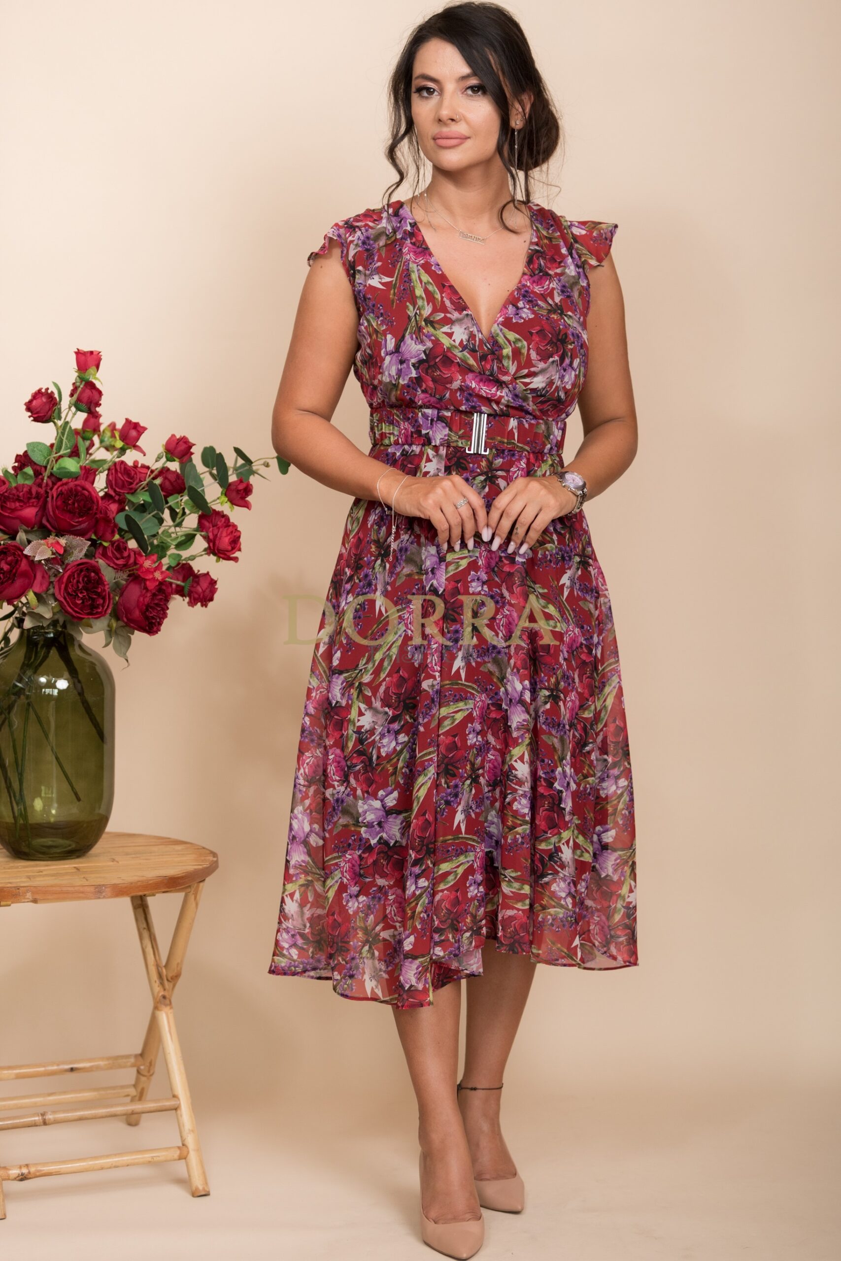 Rochie midi Baltimore din voal grena cu imprimeu floral