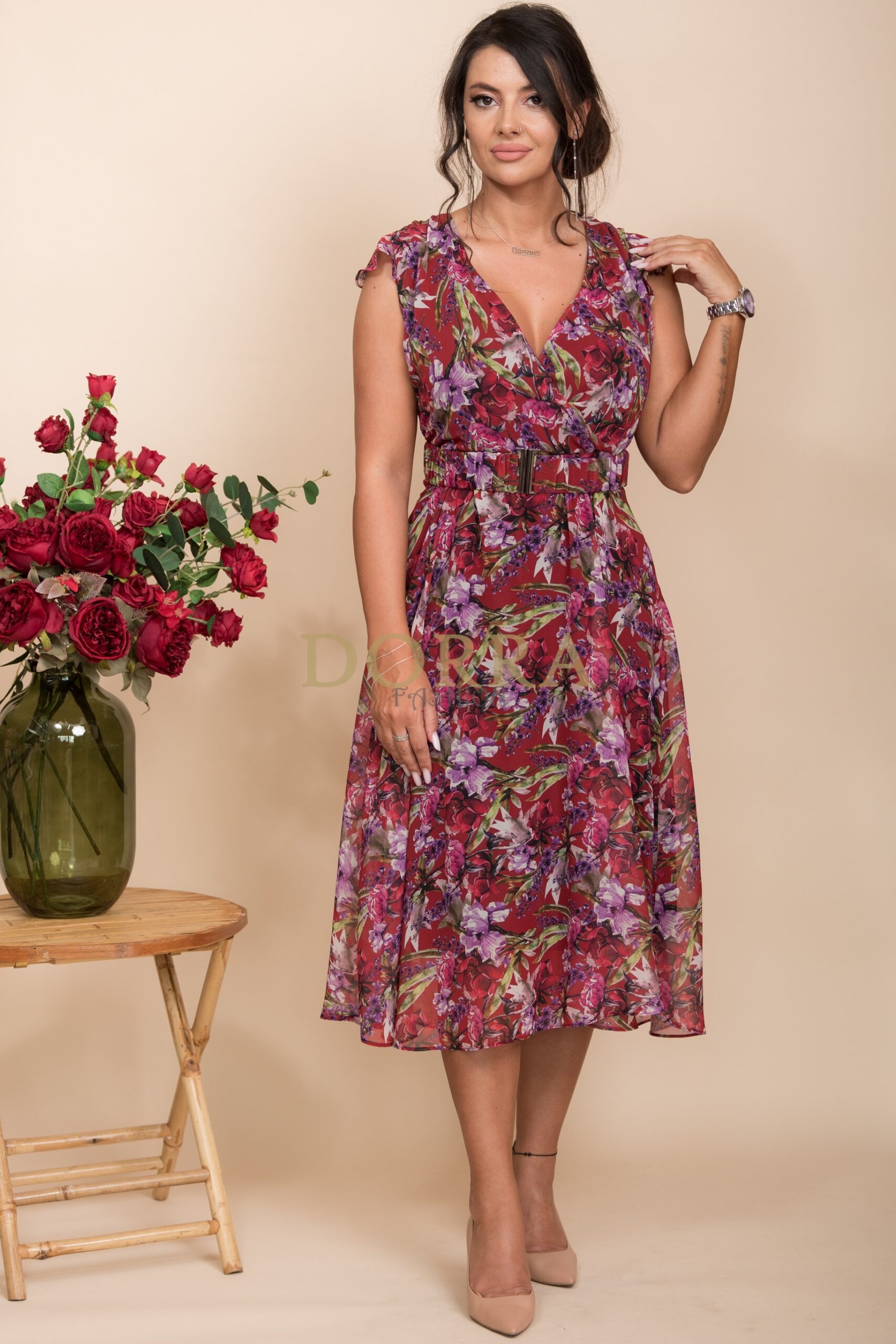 Rochie midi Baltimore din voal grena cu imprimeu floral - imagine 3