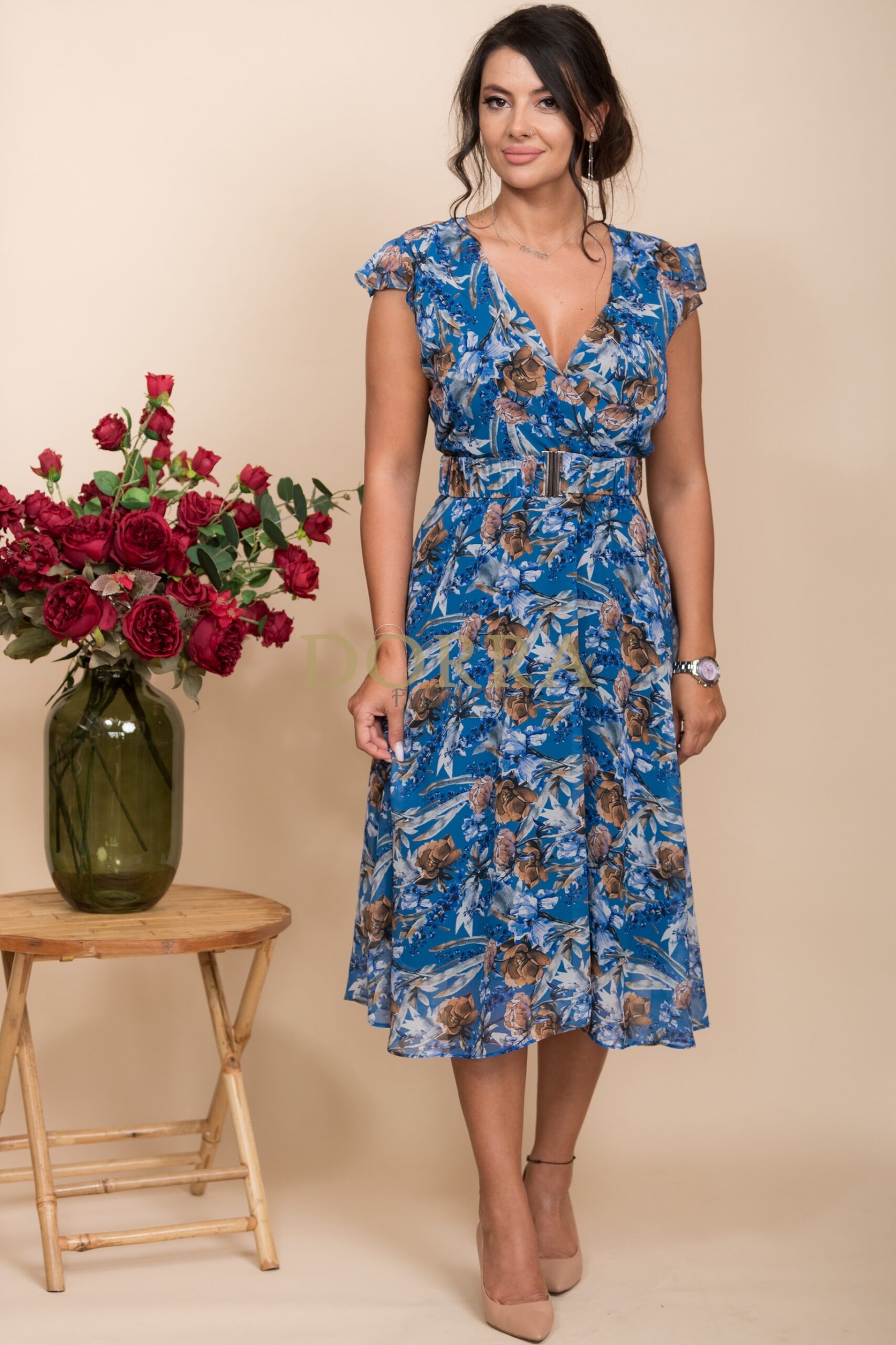 Rochie midi Baltimore din voal albastru cu imprimeu floral