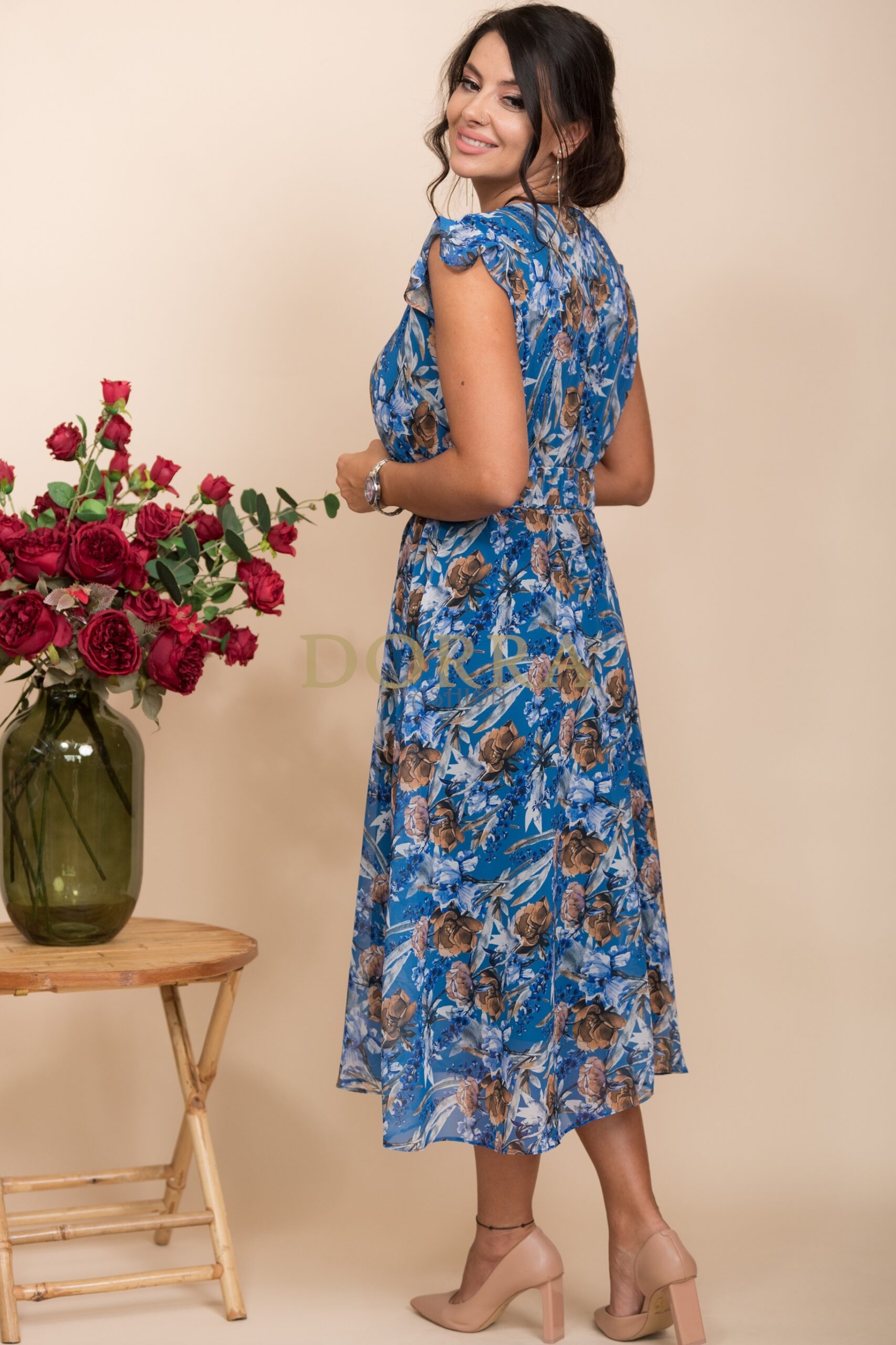 Rochie midi Baltimore din voal albastru cu imprimeu floral - imagine 2