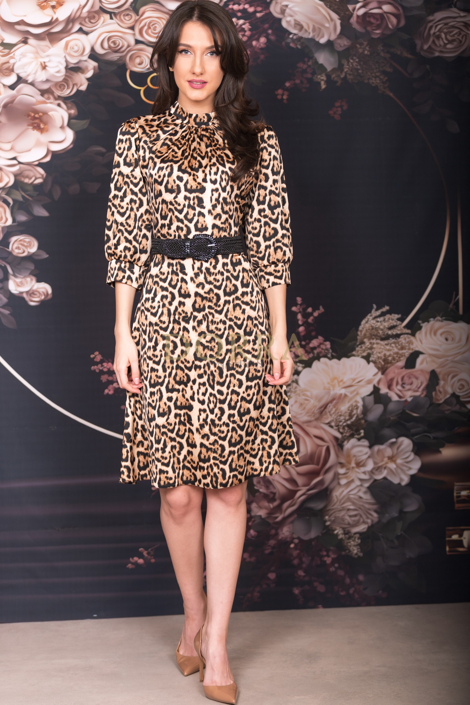 Rochie cocktail Maureen din satin animal print cu curea - imagine 5