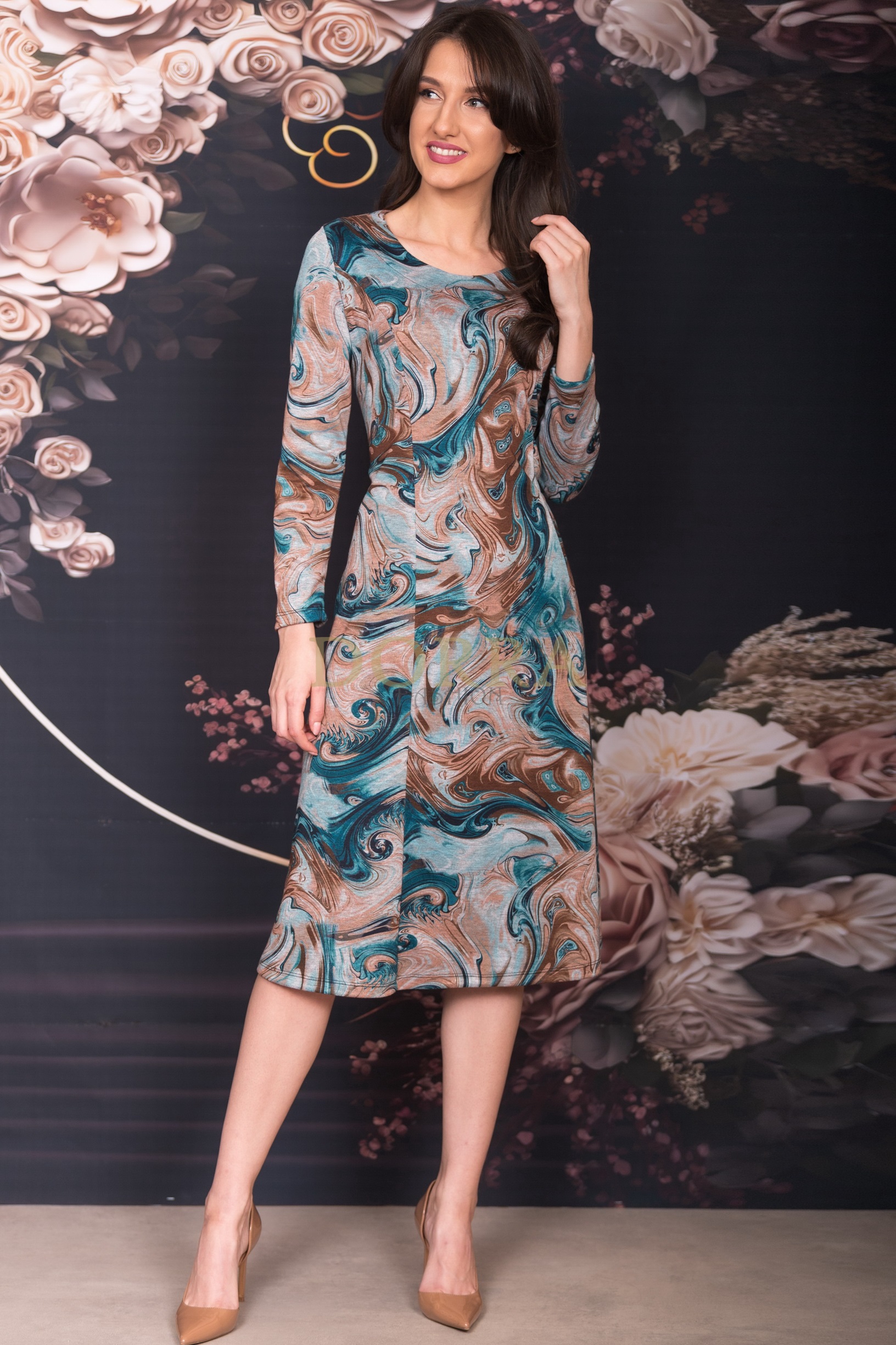 Rochie midi Mayra din jerse de bumbac cu imprimeu multicolor - imagine 5