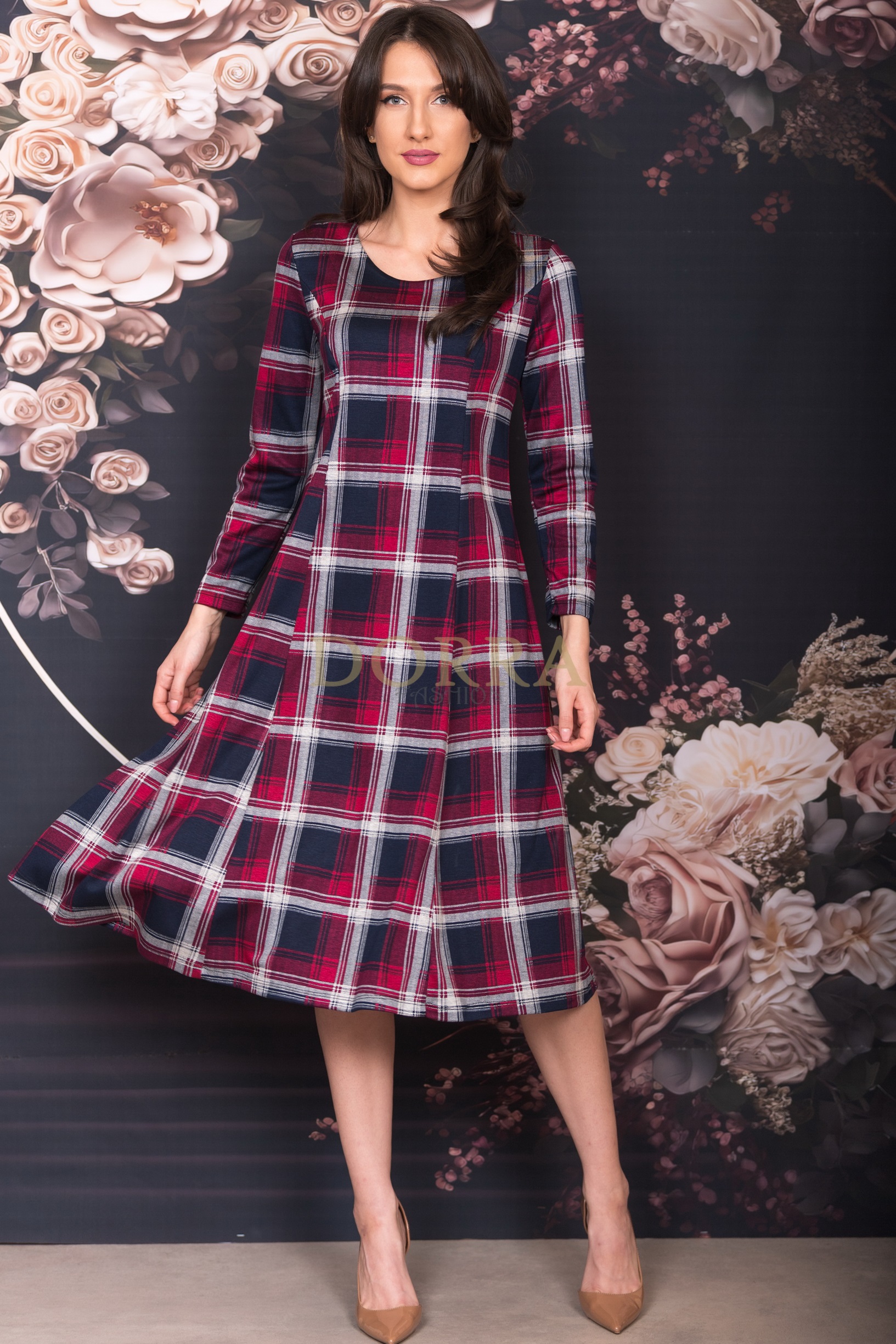 Rochie midi Mayra din jerse de bumbac în carouri