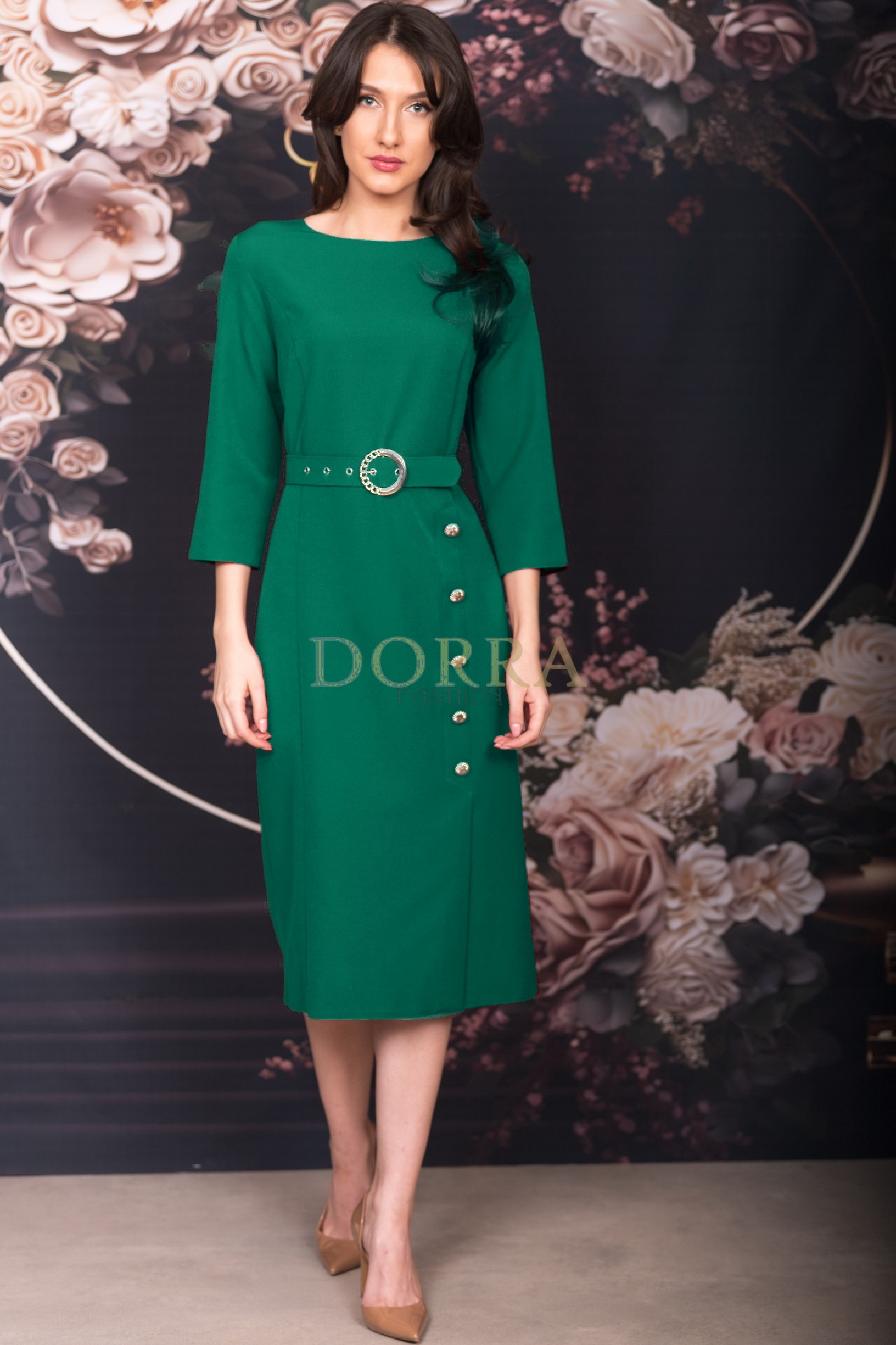 Rochie midi Symina din stofă verde cu nasturi decorativi și curea
