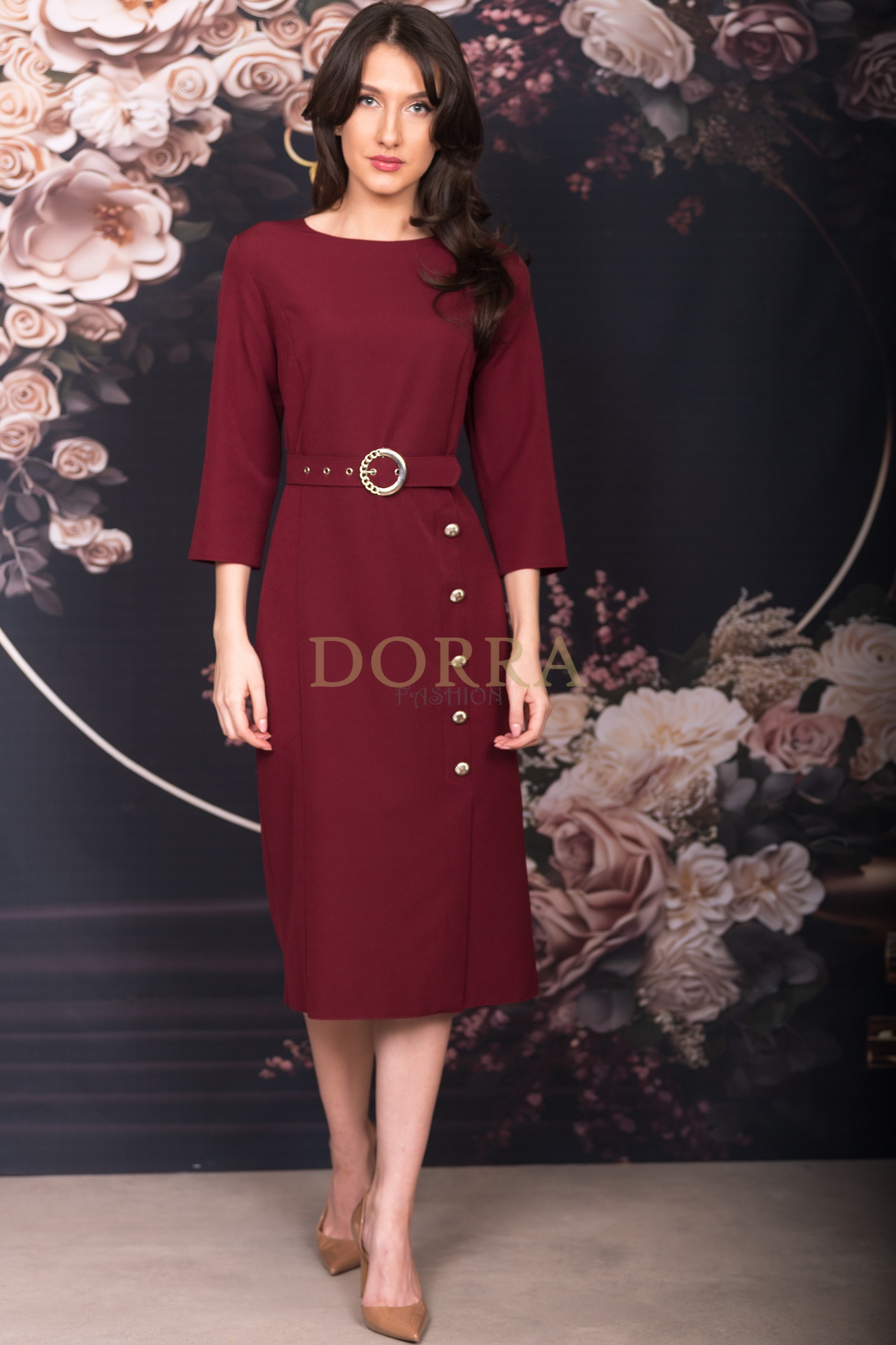 Rochie midi Symina din stofă grena cu nasturi decorativi și curea - imagine 7