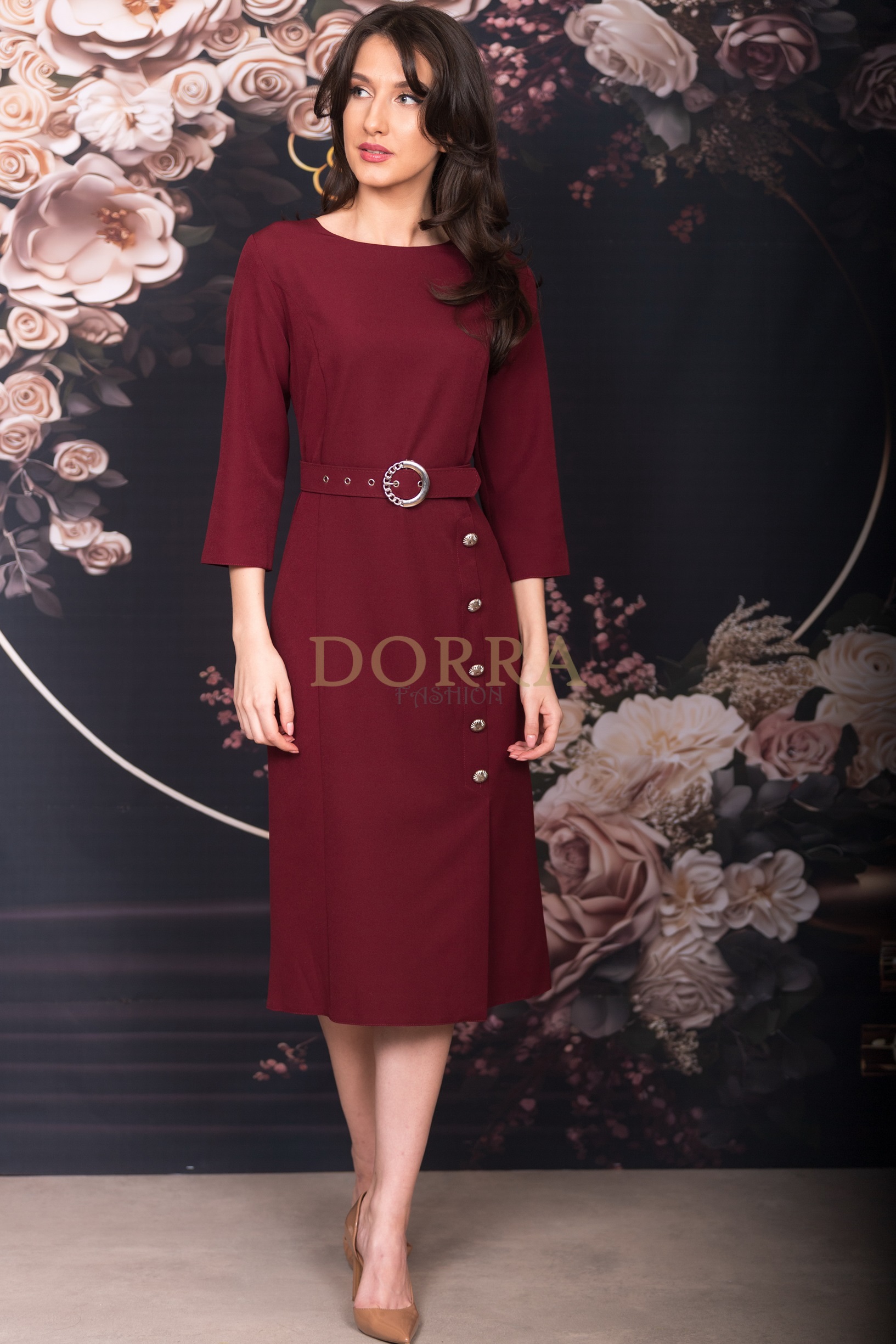 Rochie midi Symina din stofă grena cu nasturi decorativi și curea - imagine 5