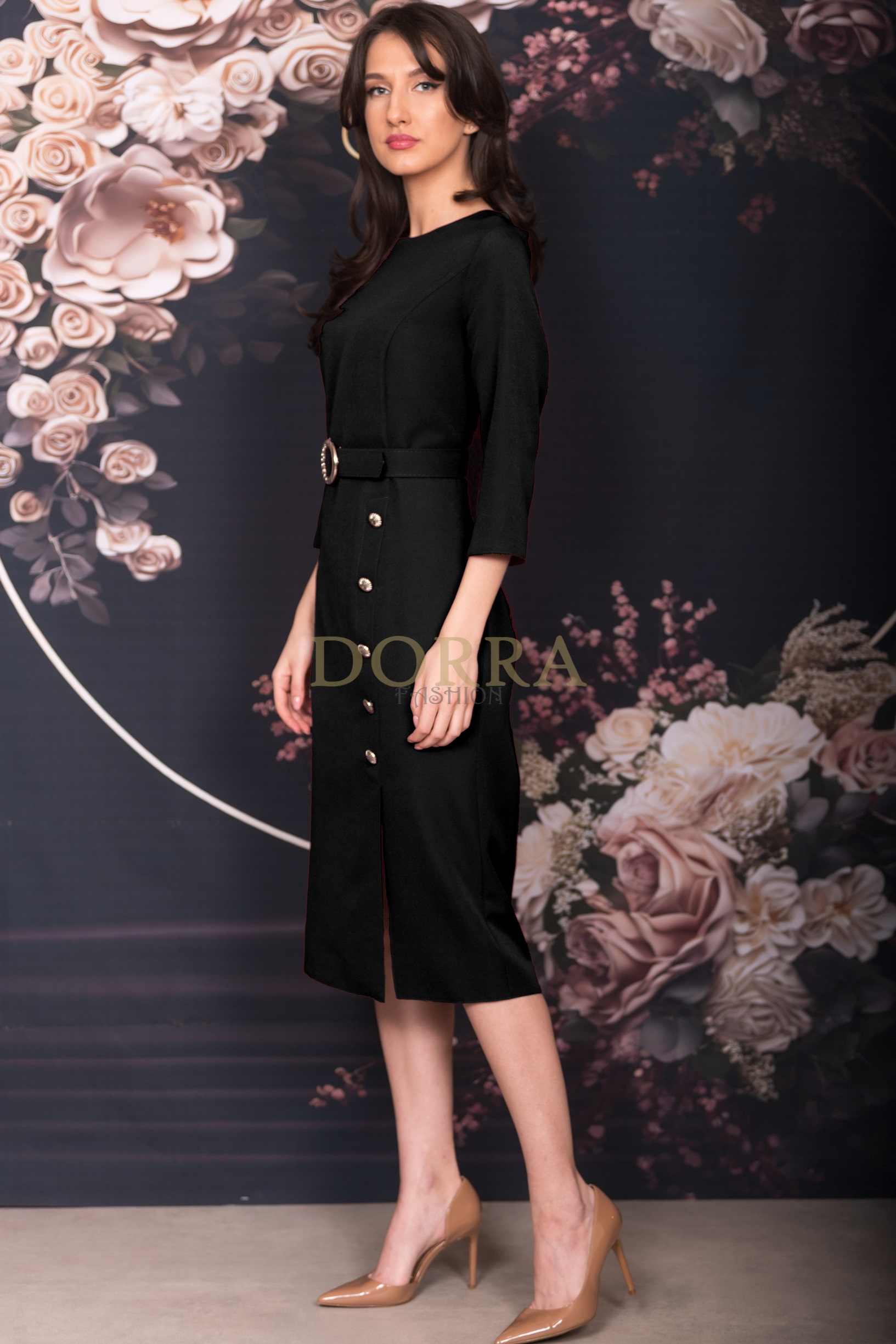 Rochie midi Symina din stofă neagră cu nasturi decorativi și curea - imagine 3