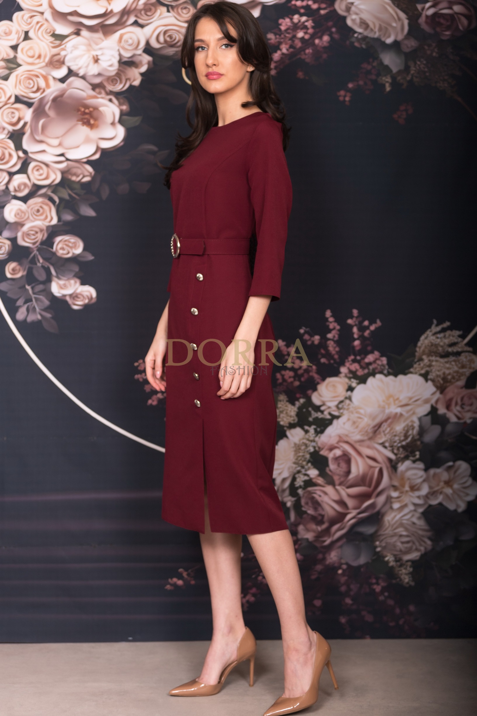 Rochie midi Symina din stofă grena cu nasturi decorativi și curea - imagine 3