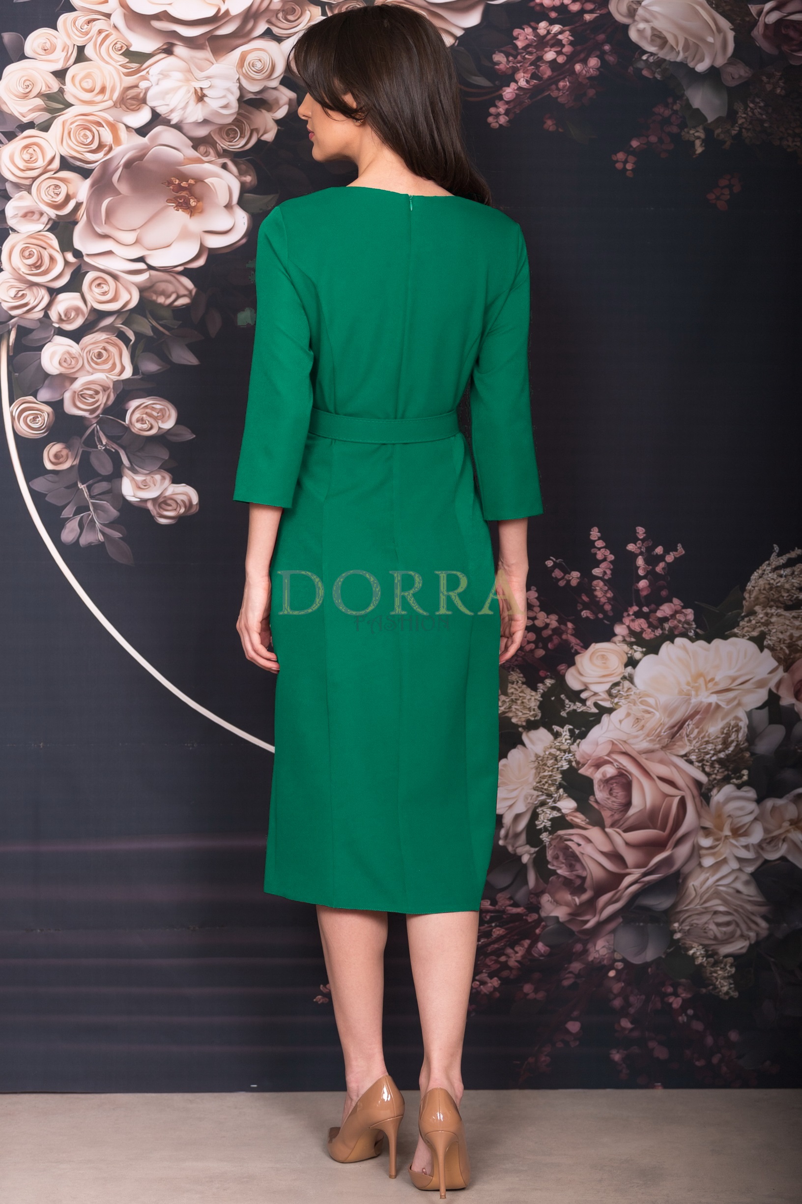 Rochie midi Symina din stofă verde cu nasturi decorativi și curea - imagine 2