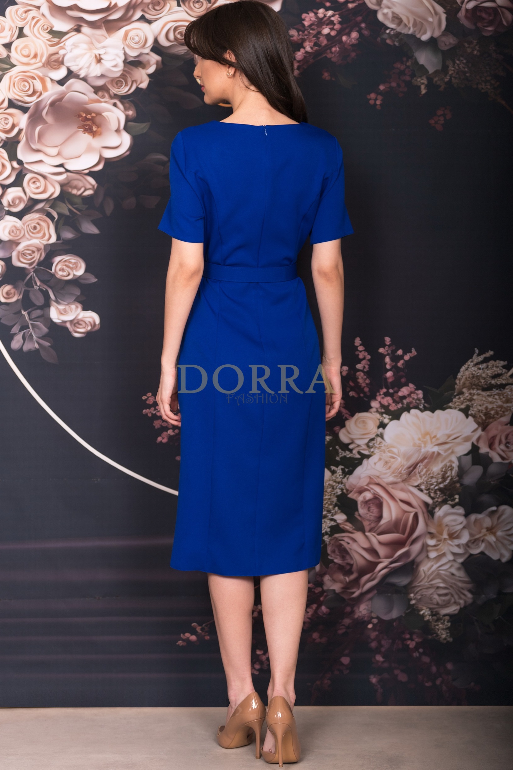 Rochie midi Symina din stofă albastru regal cu nasturi decorativi - imagine 2