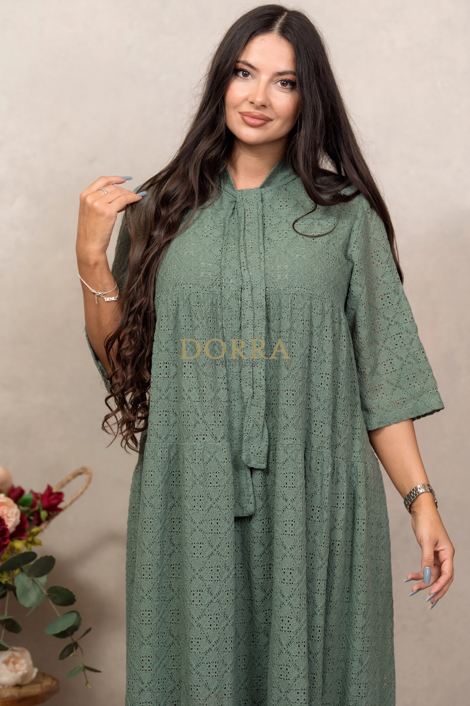 Rochie Corama din dantelă de bumbac kaki, croială în A - imagine 6
